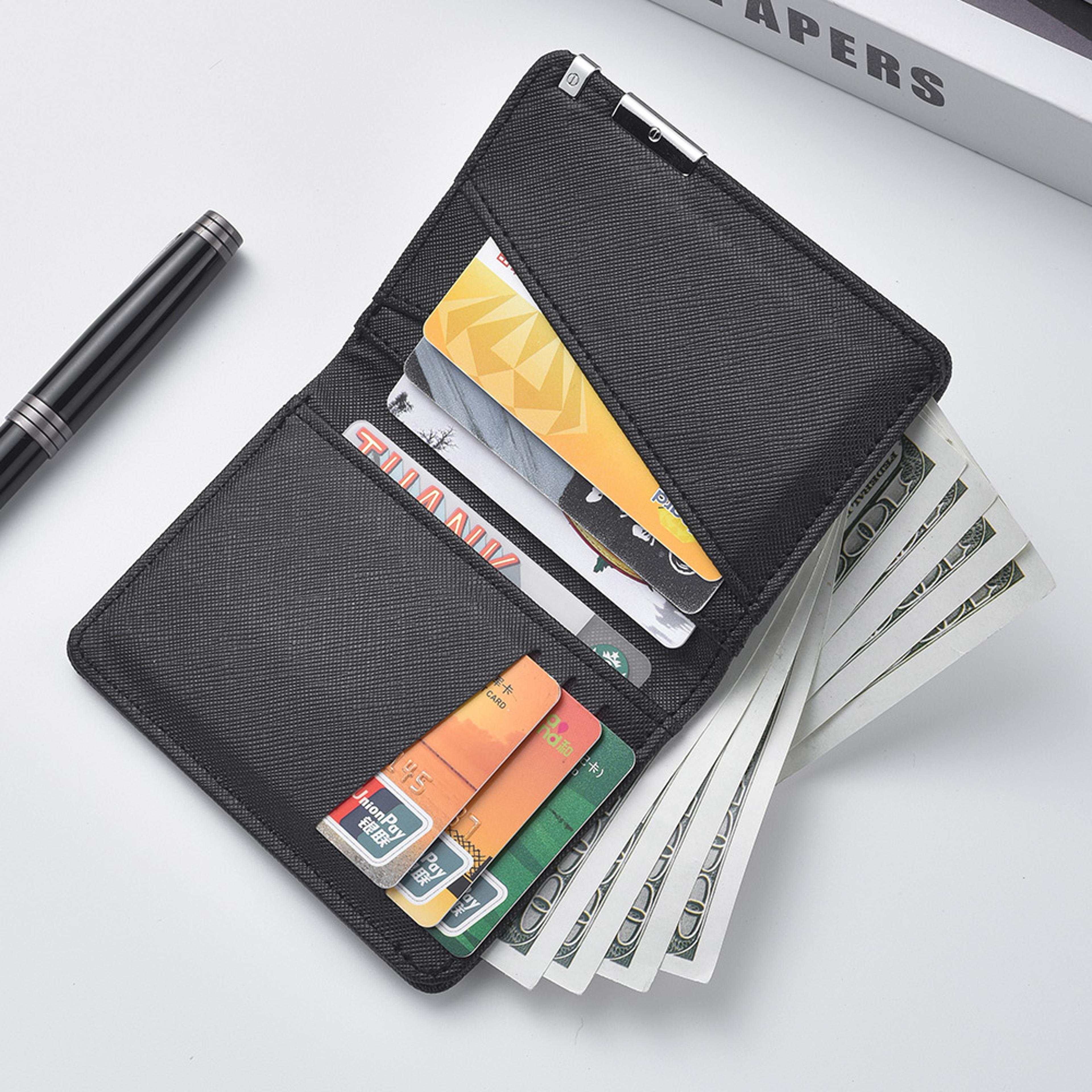 slim business-style wallet in black faux leather with geometric pattern, multiple card slots