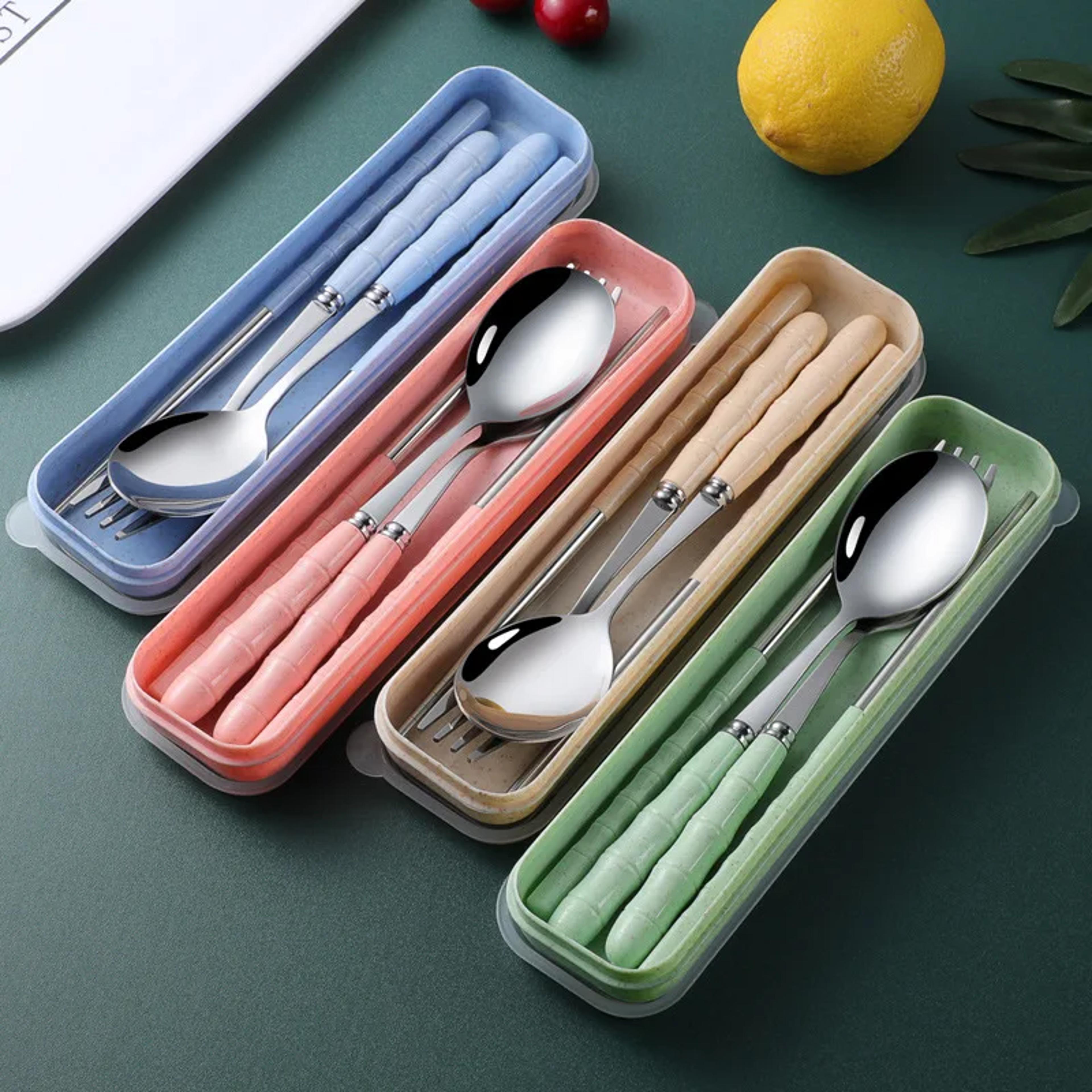 transparent cover wheat straw tableware set, outdoor reusable practical cutlery, storage bag travel slot box