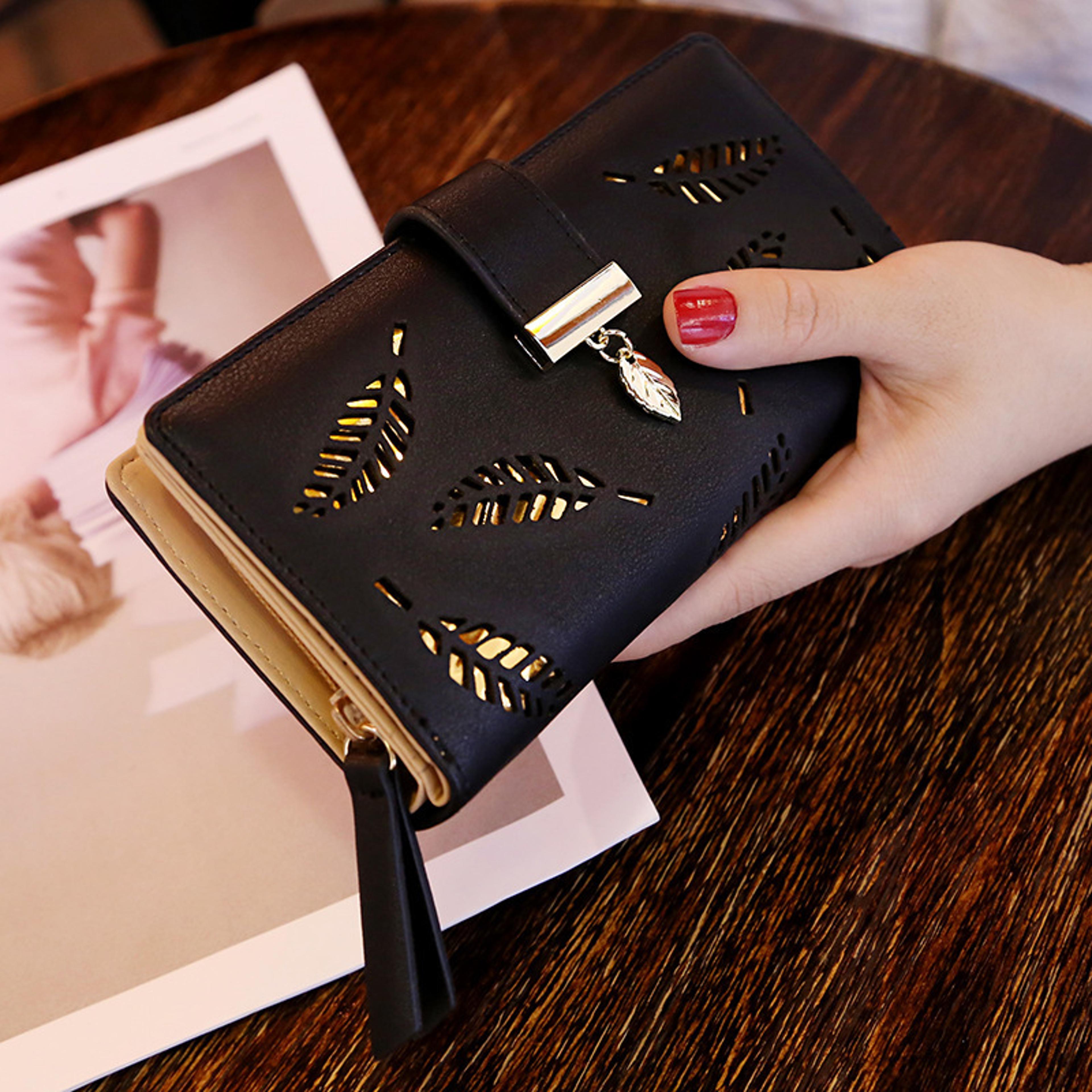pu leather phone purse, ladies fashion wallet, female hollow leaves clutch handbag, coin card holders for women
