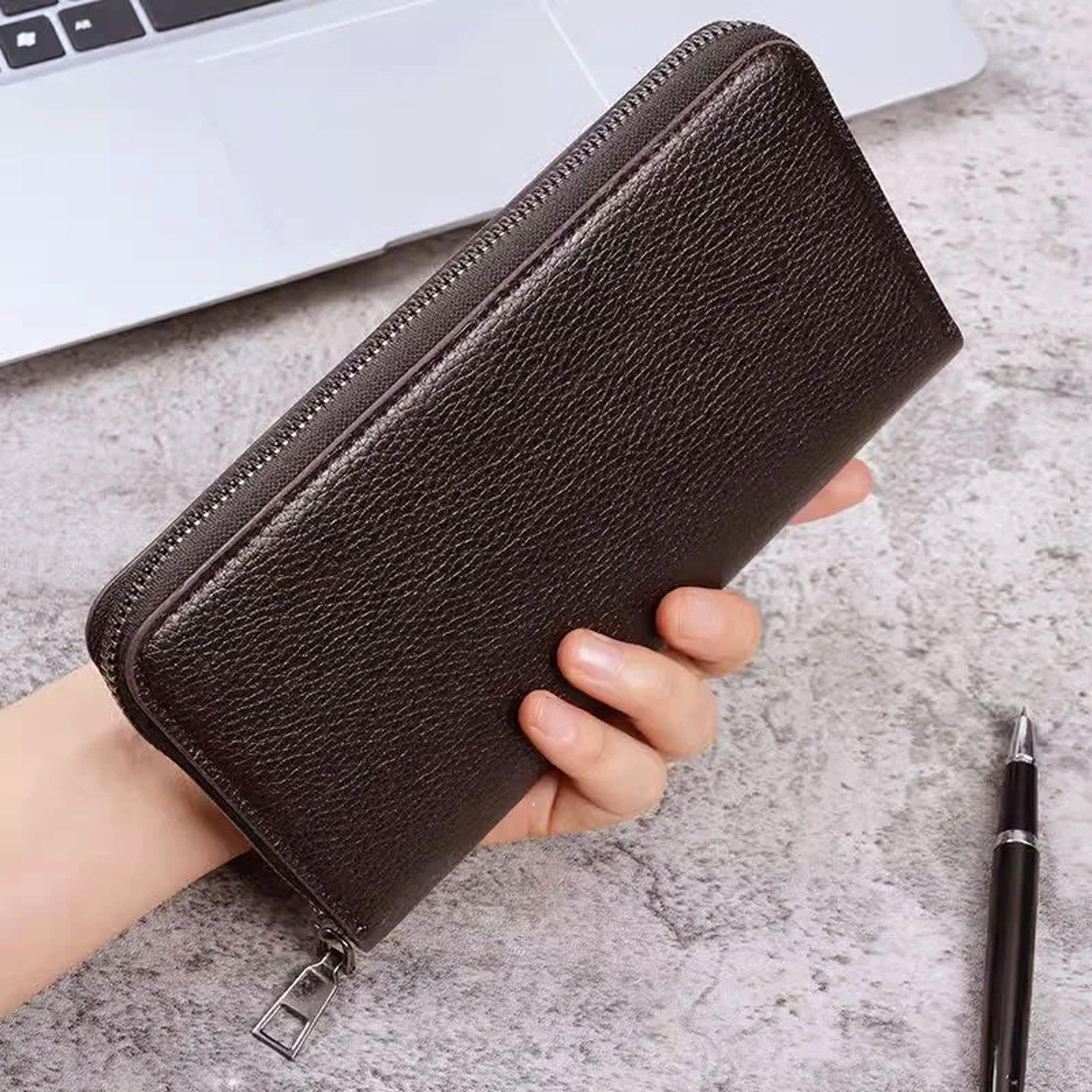 men s soft leather long zipped purse, slim fashion card wallet, solid pattern suit bag