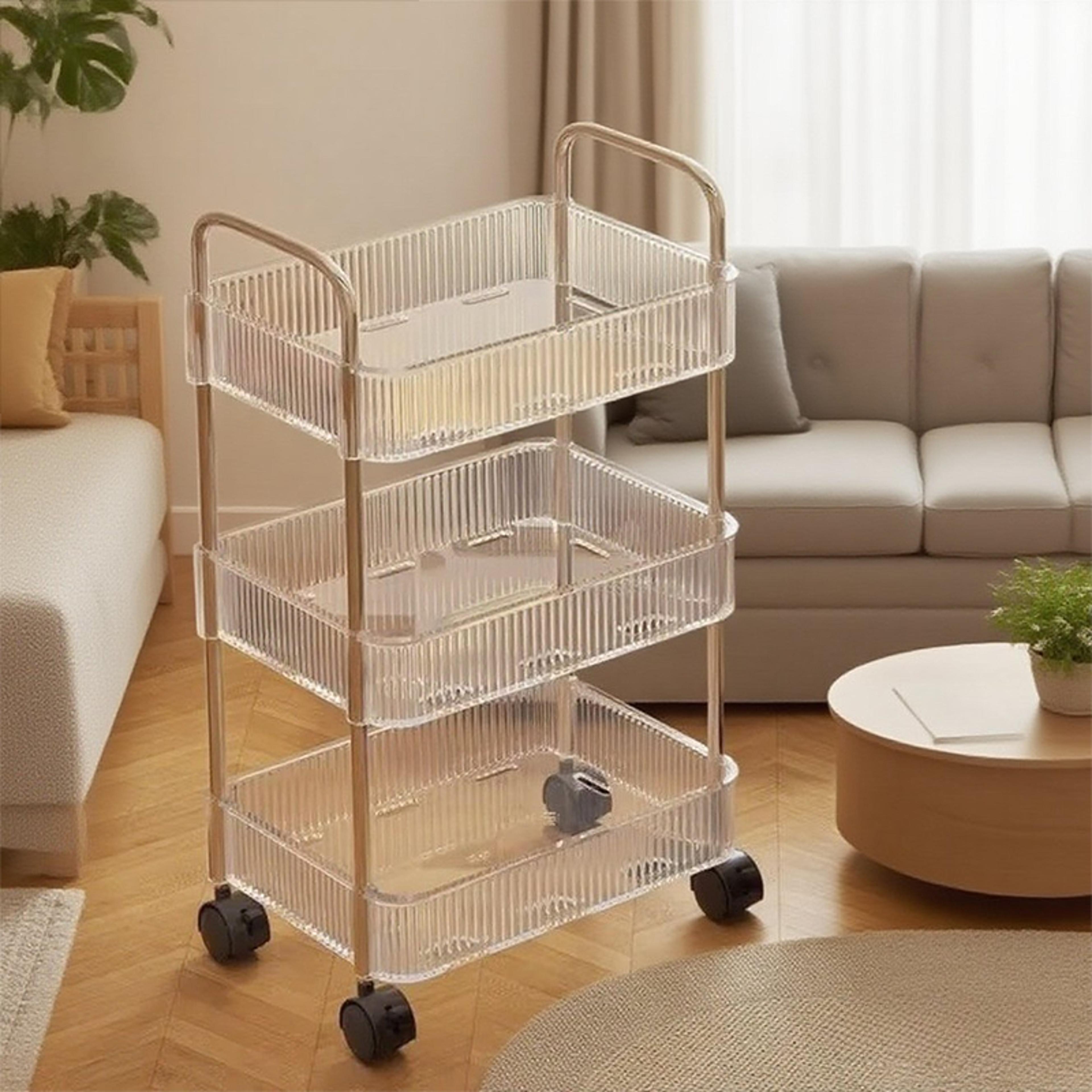clear acrylic mobile cart, multilayer storage rack with wheels, snack storage shelf for living room, removable bathroom