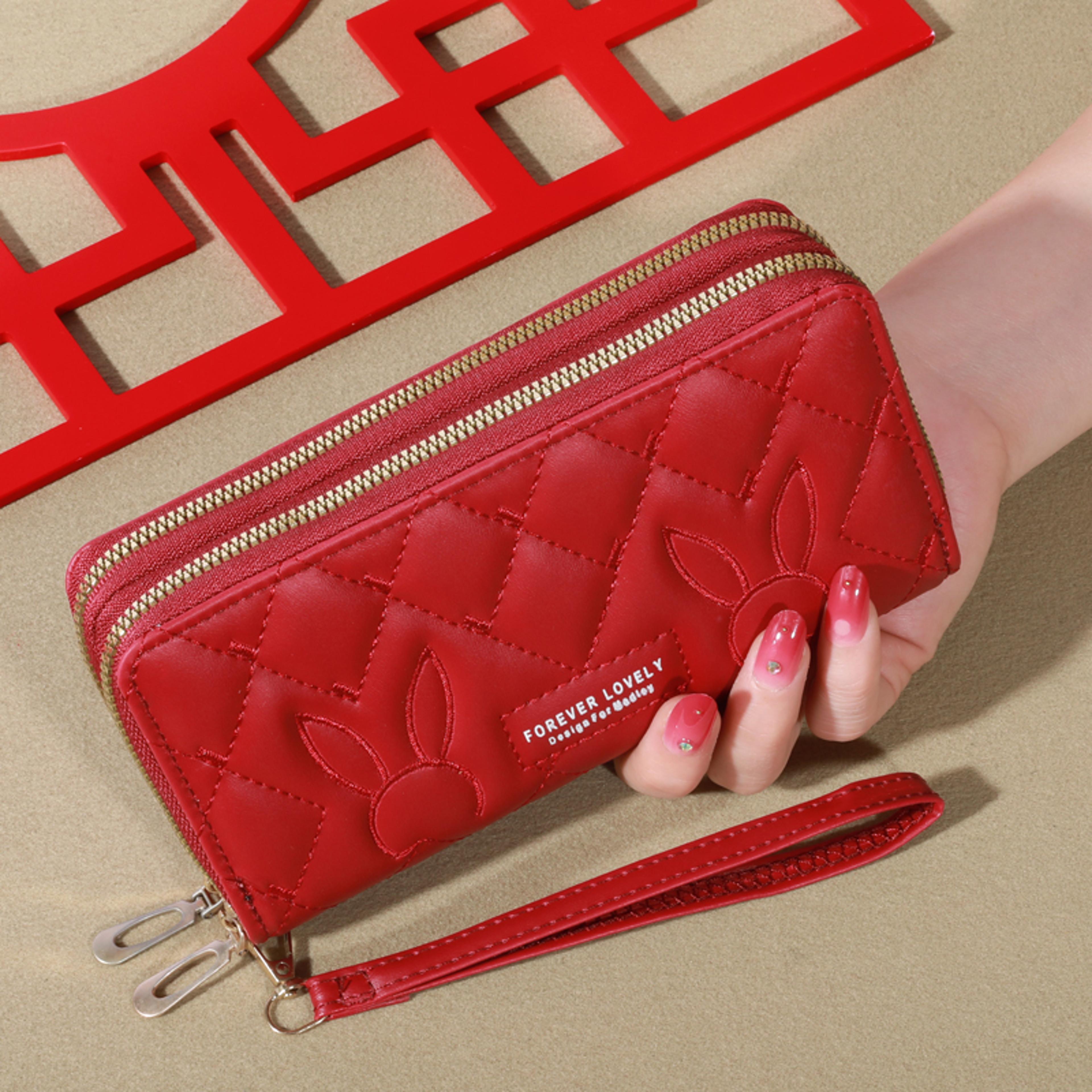 women's faux leather card holder, trendy solid color long wallet, double zippers clutch coin purse with wristband