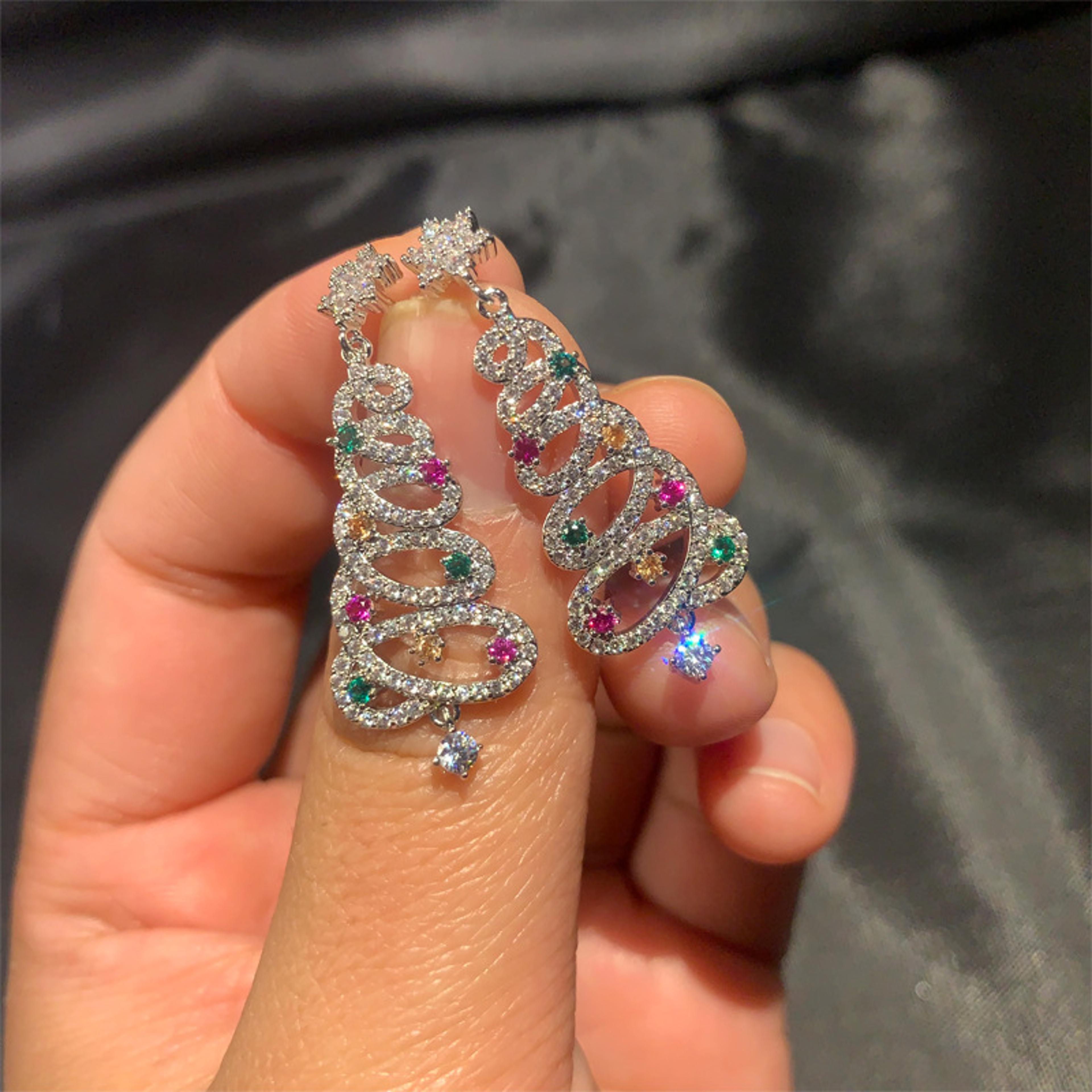 colorful rhinestone star xmas tree earrings for women, fashion crystal zircon dangle earrings, party jewelry for girls