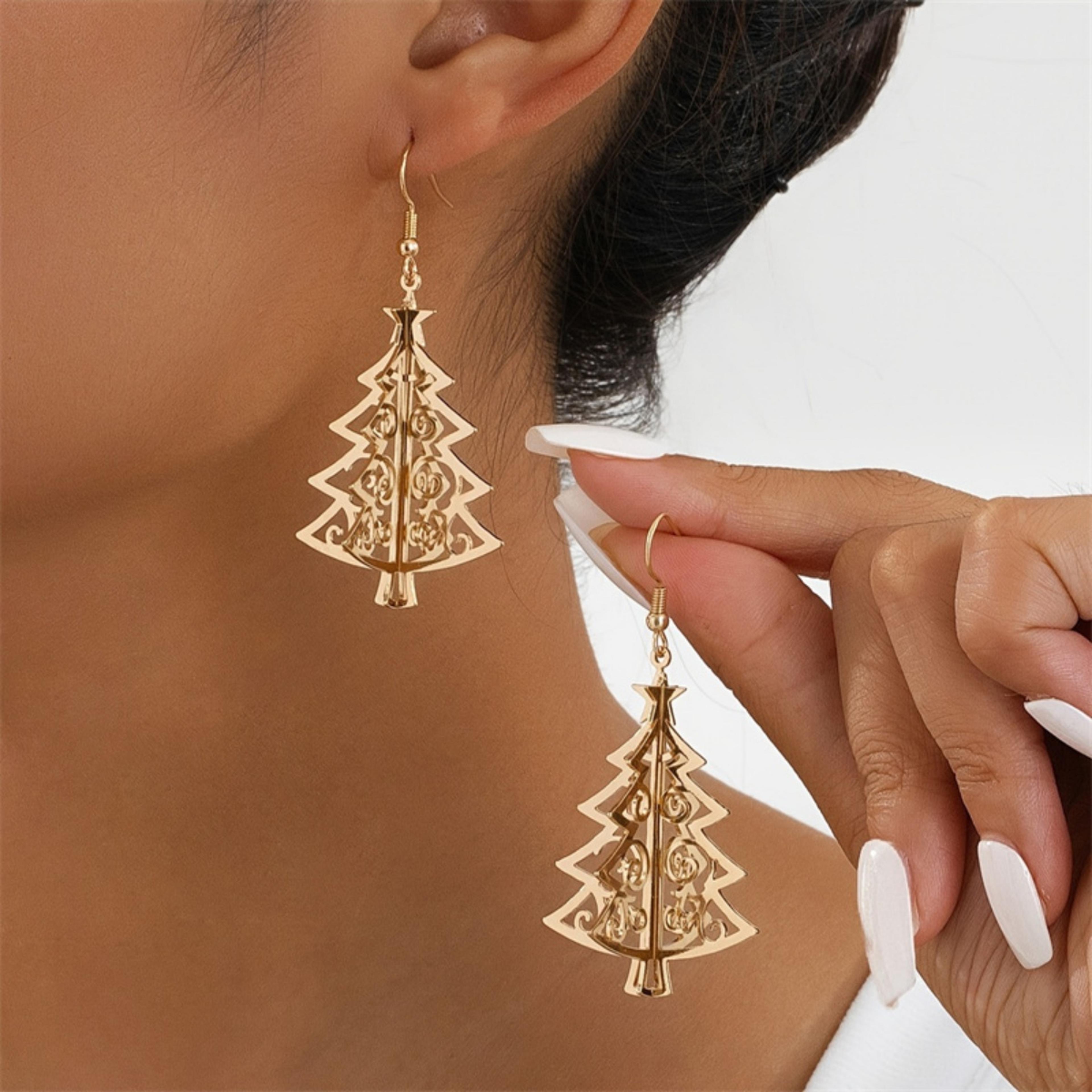 trendy geometric metal hollow earrings, xmas tree snowflake drop earrings, jewelry gift for women men, snow flower de