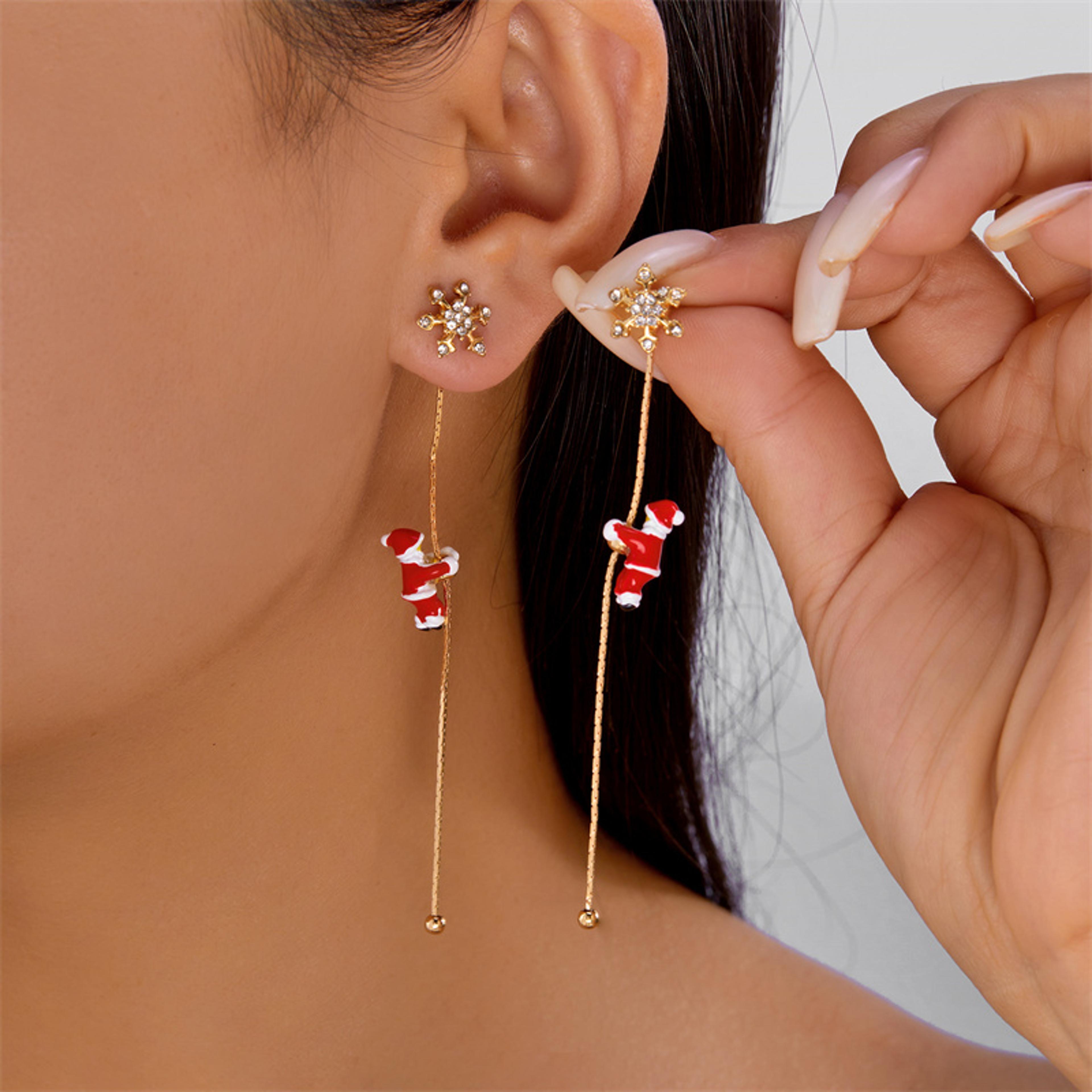 moving santa claus tassel dangle earrings for women, christmas tree snowflake, asymmetric long earring, new year jewelry