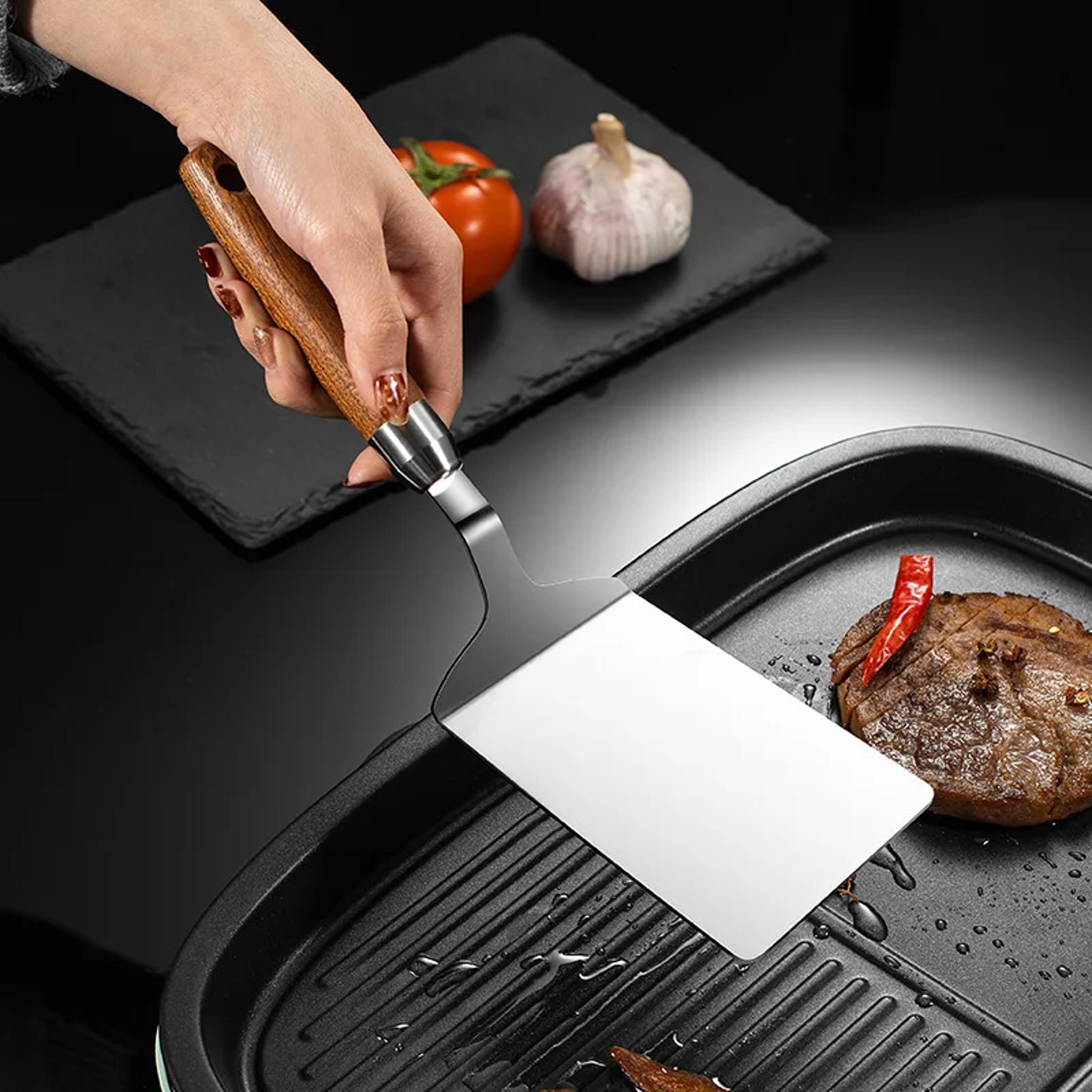 stainless steel square head steak cooking spatula pizza shovel pancake beef turner scraper wood handle bbq utensils for kitchen