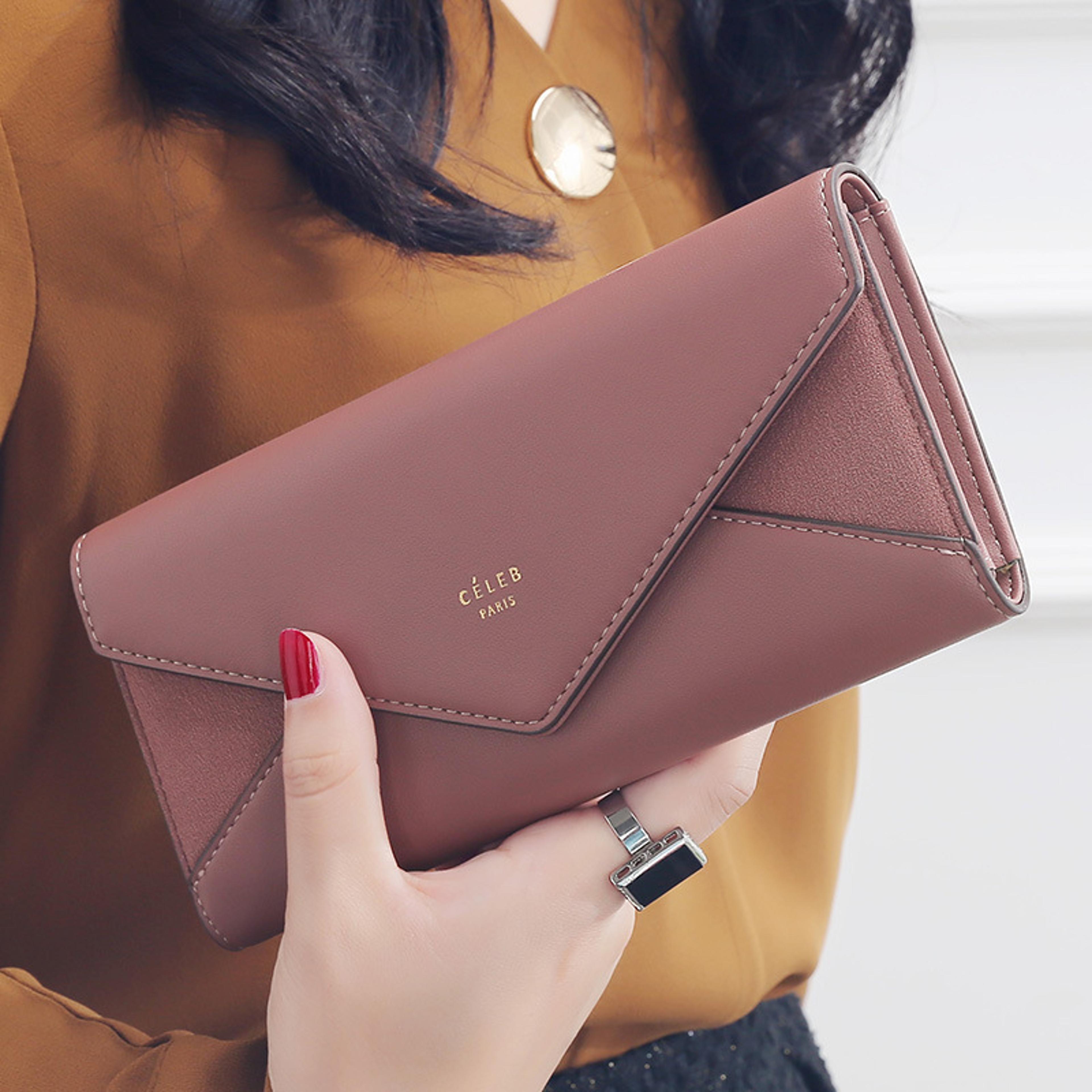 designer leather long wallet for women , fold envelope clutch with money clip and phone pocket