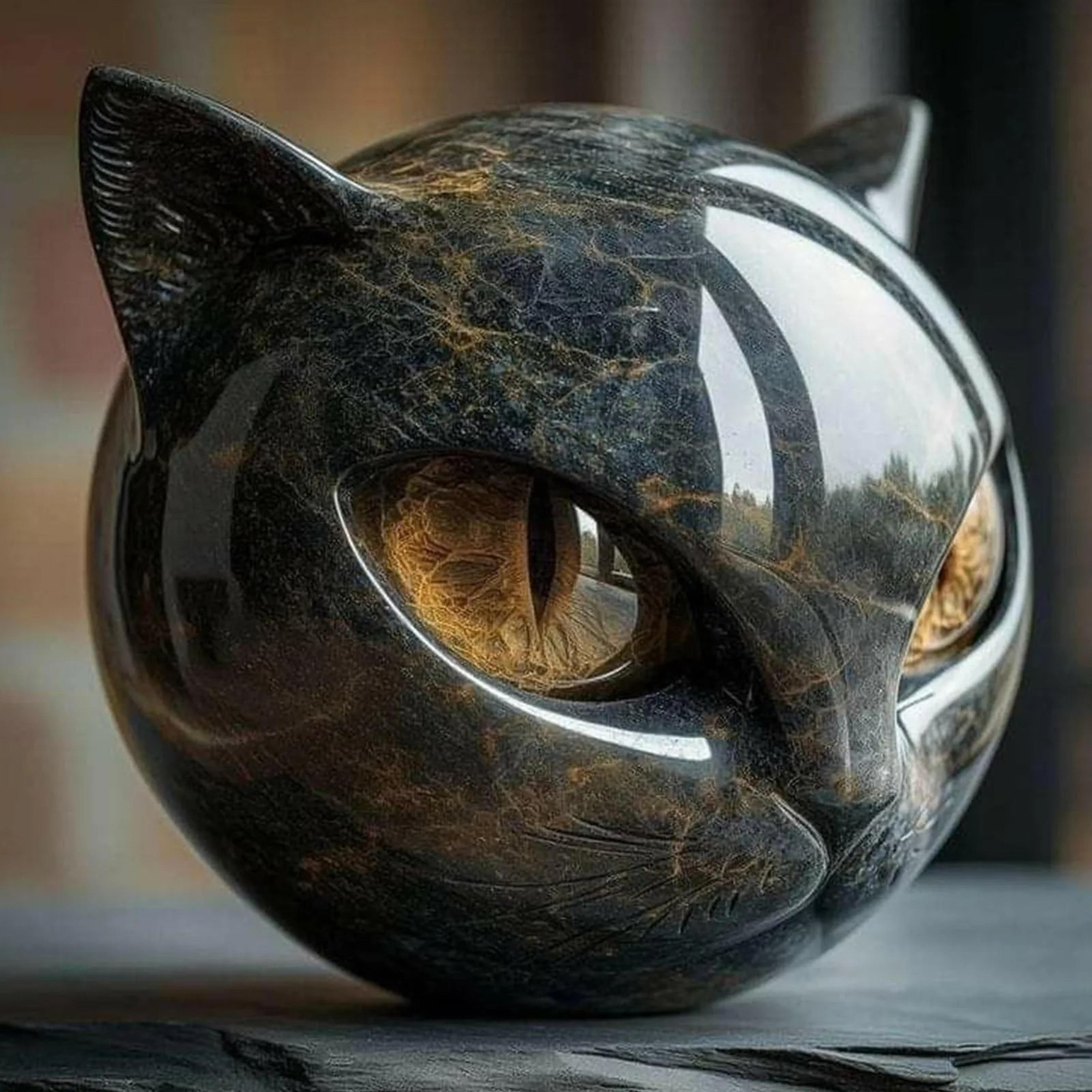 resin cat head healing stone, decorative black cat stone figurine, marble texture keepsake gift for office desk decor
