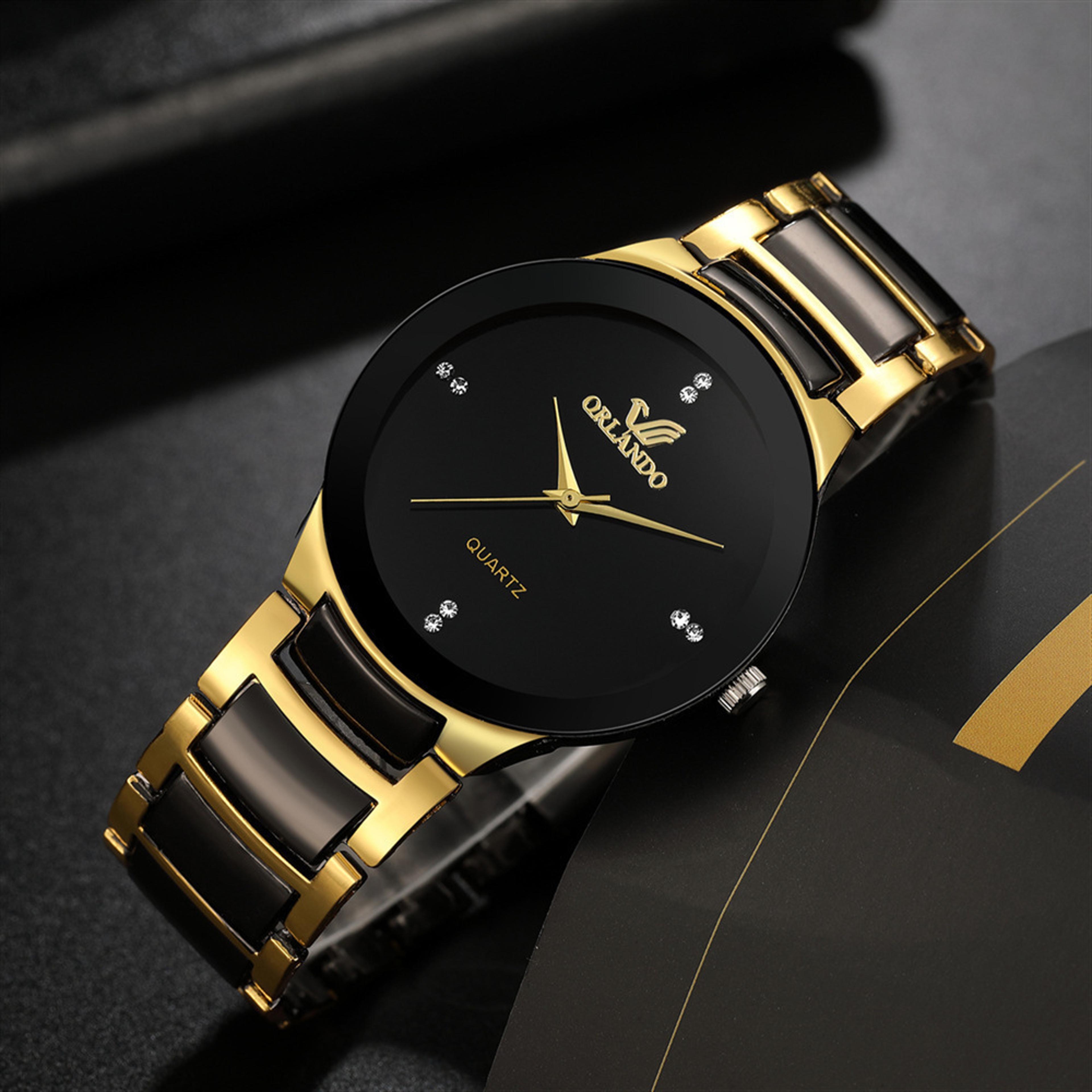 exquisite men's luxury watch black gold quartz steel fashion clock