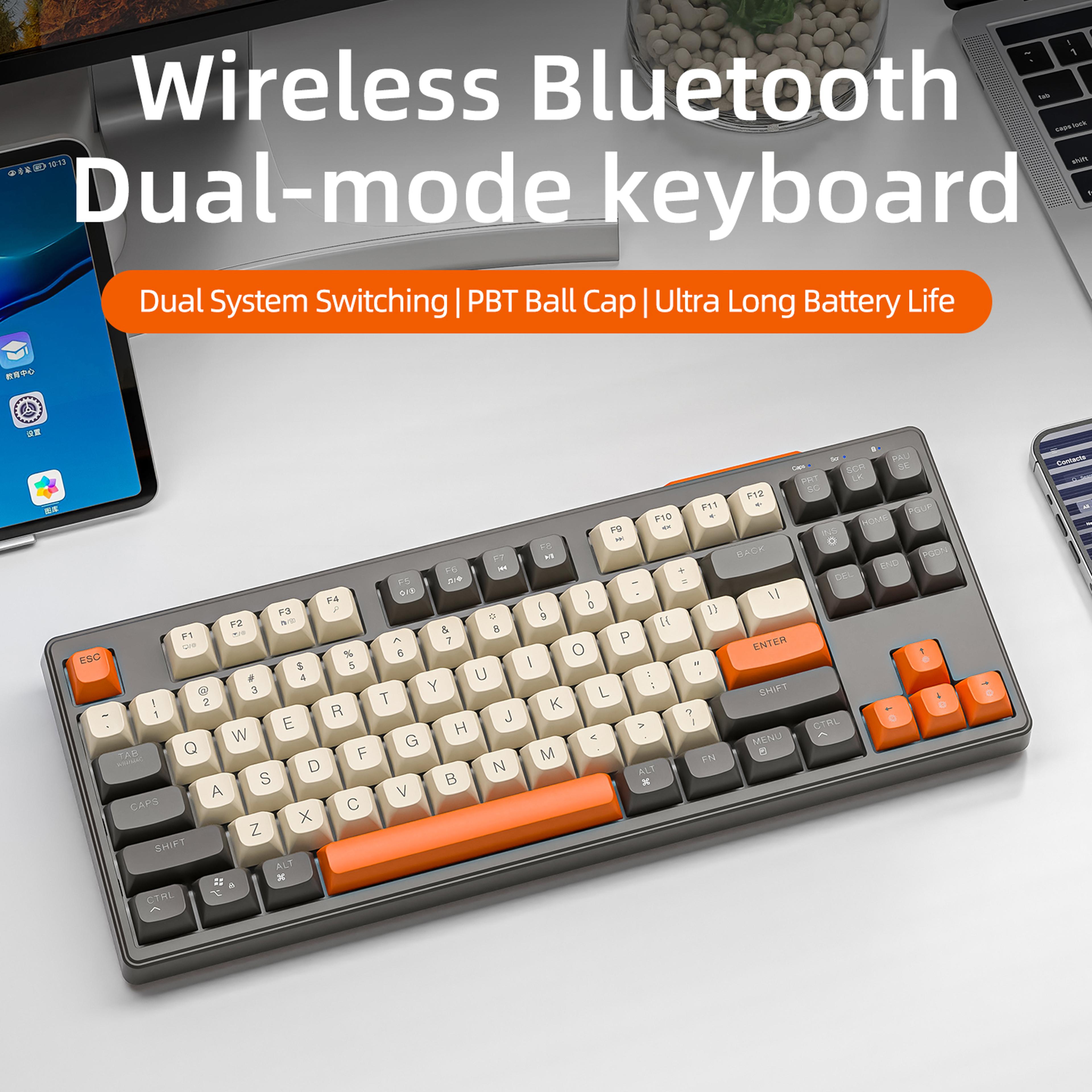 dual mode bluetooth keyboard, wireless gaming keyboard with rgb, pbt ballcaps, silent office use
