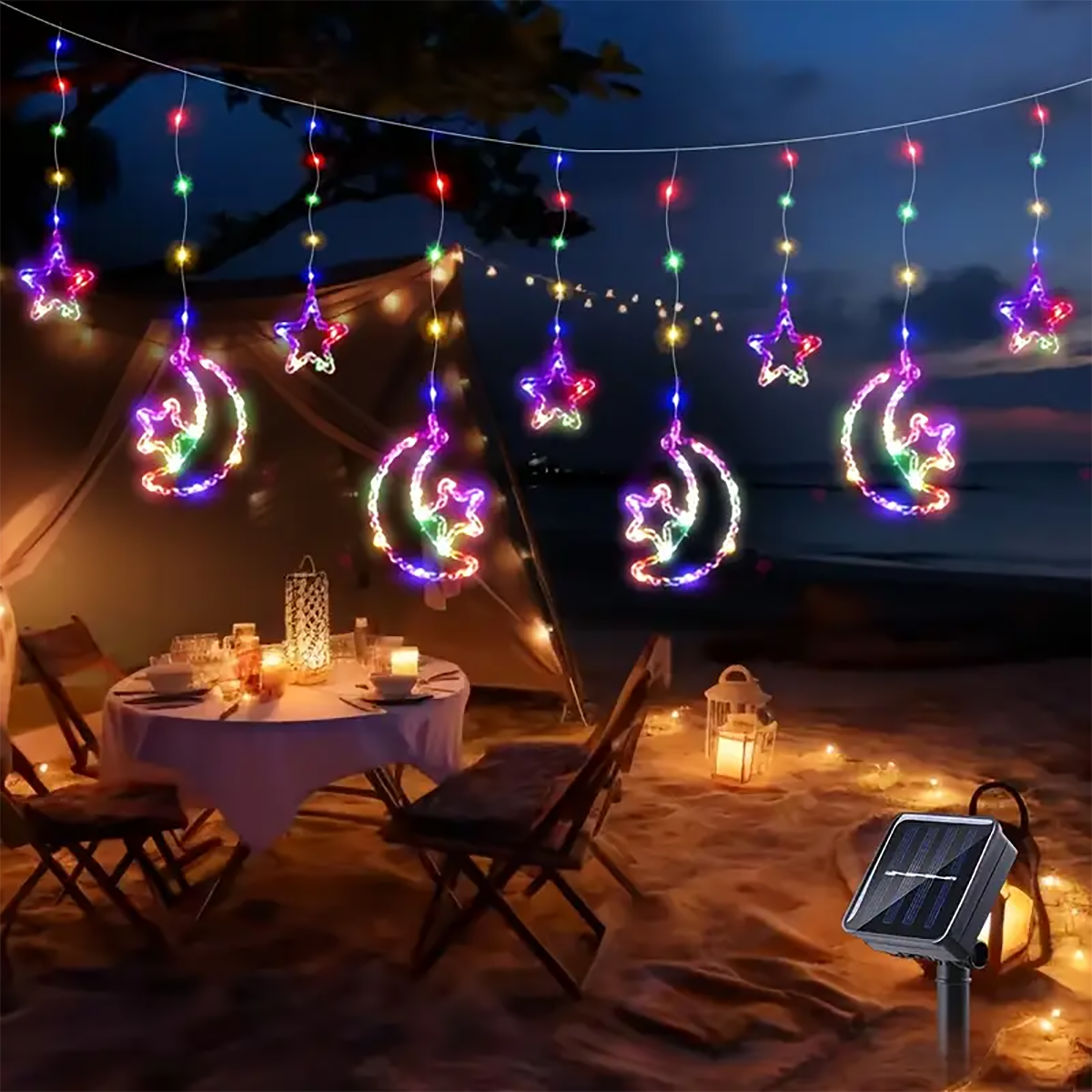 solar-powered stars and moon lights, waterproof curtain string lights for outdoor terraces, porches, and weddings