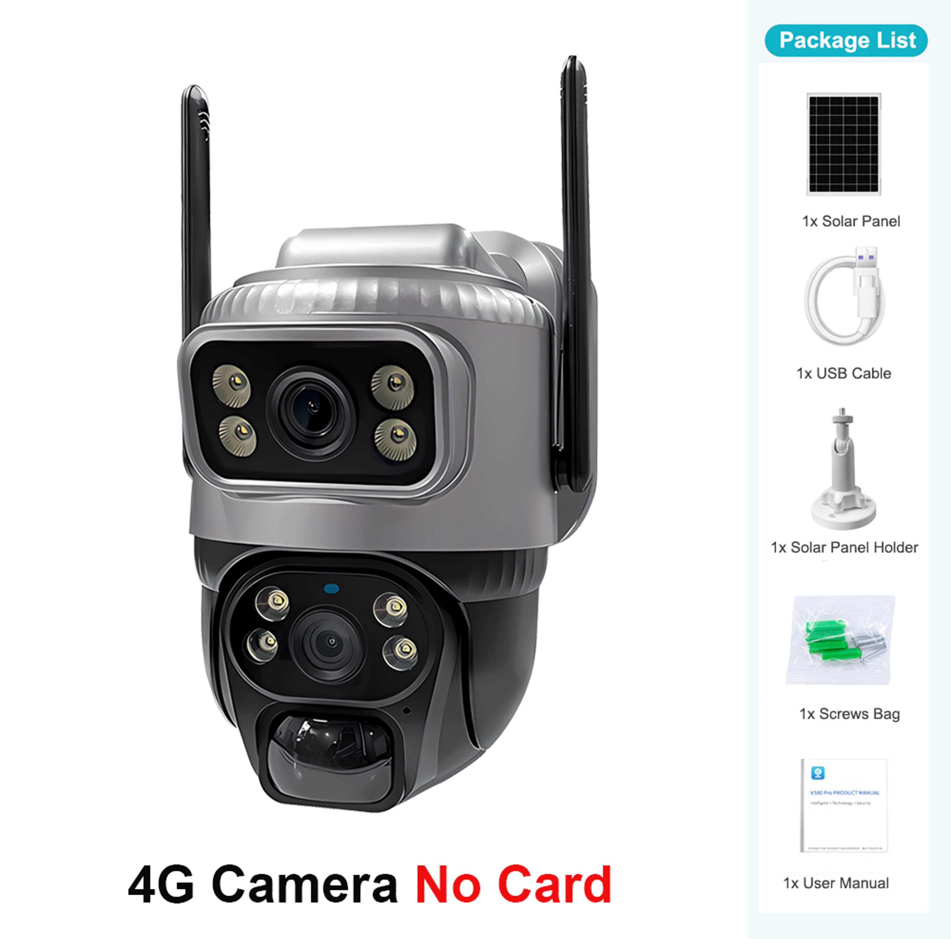 solar dual lens camera, pir human detection, waterproof night vision, ip camara, battery-powered cctv security