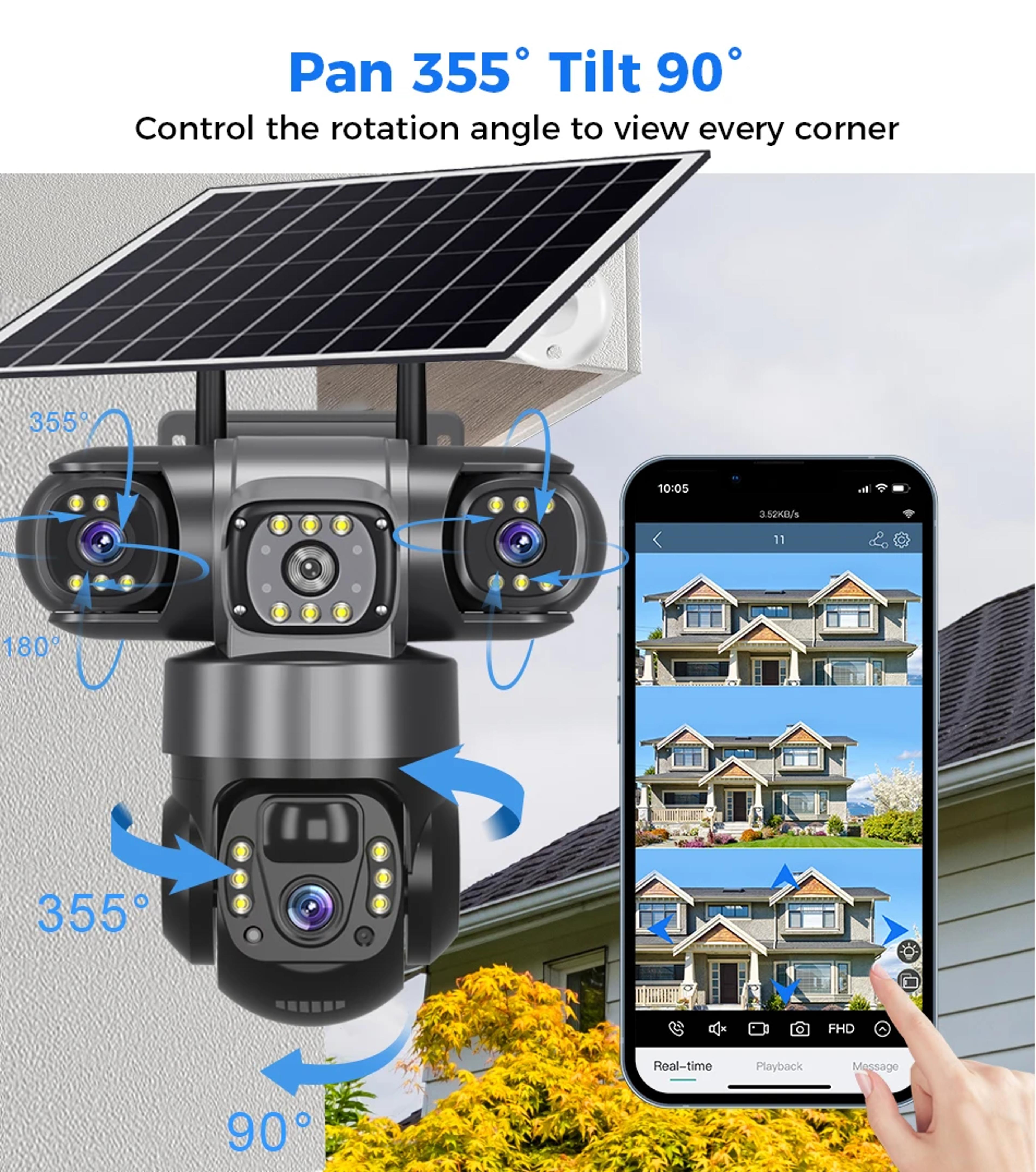 solar camera outdoor, triple lens with zoom, pir motion detection, cctv surveillance, smart alerts