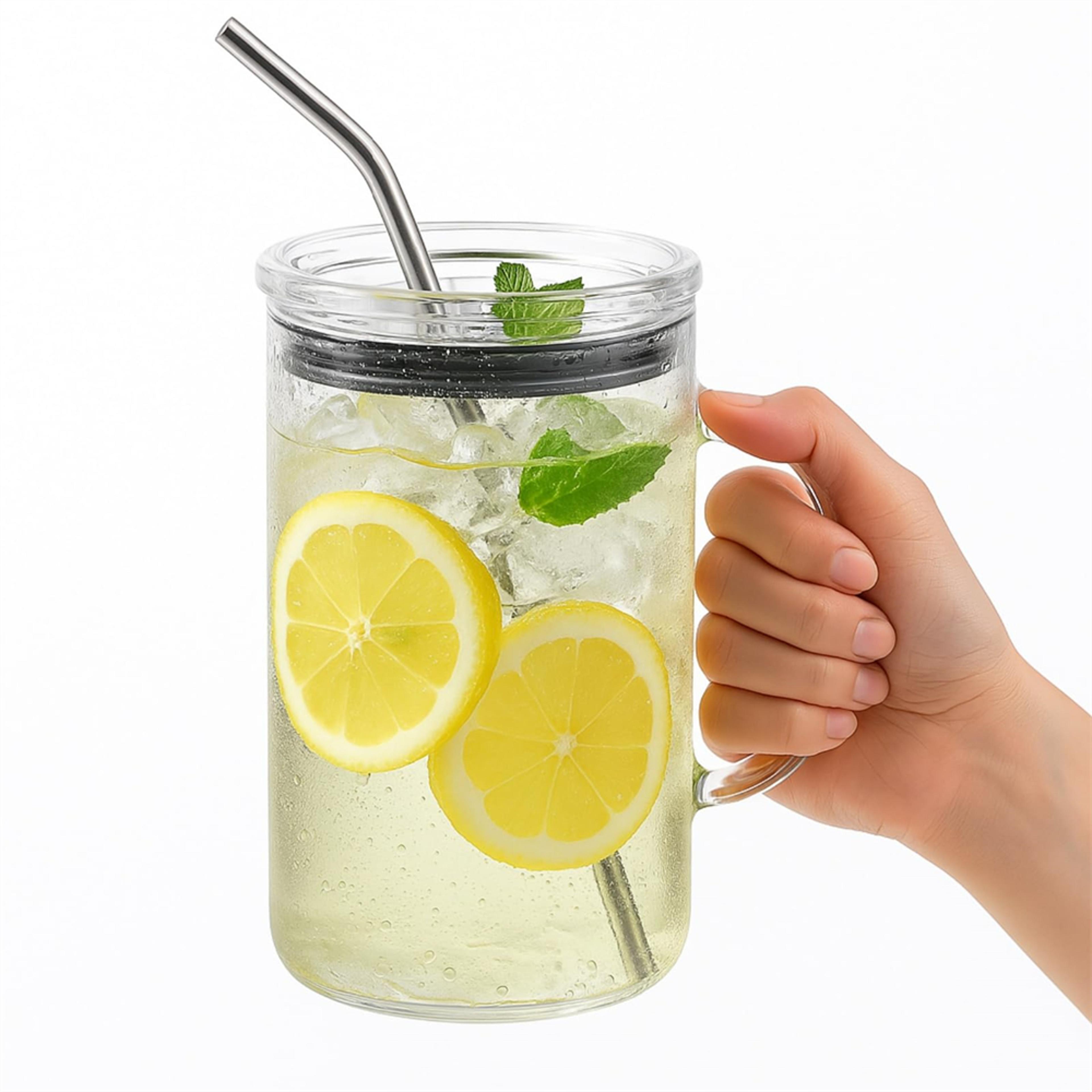 reusable glass tumbler with straw and lid for iced coffee, smoothies, tea and juice, office car cup