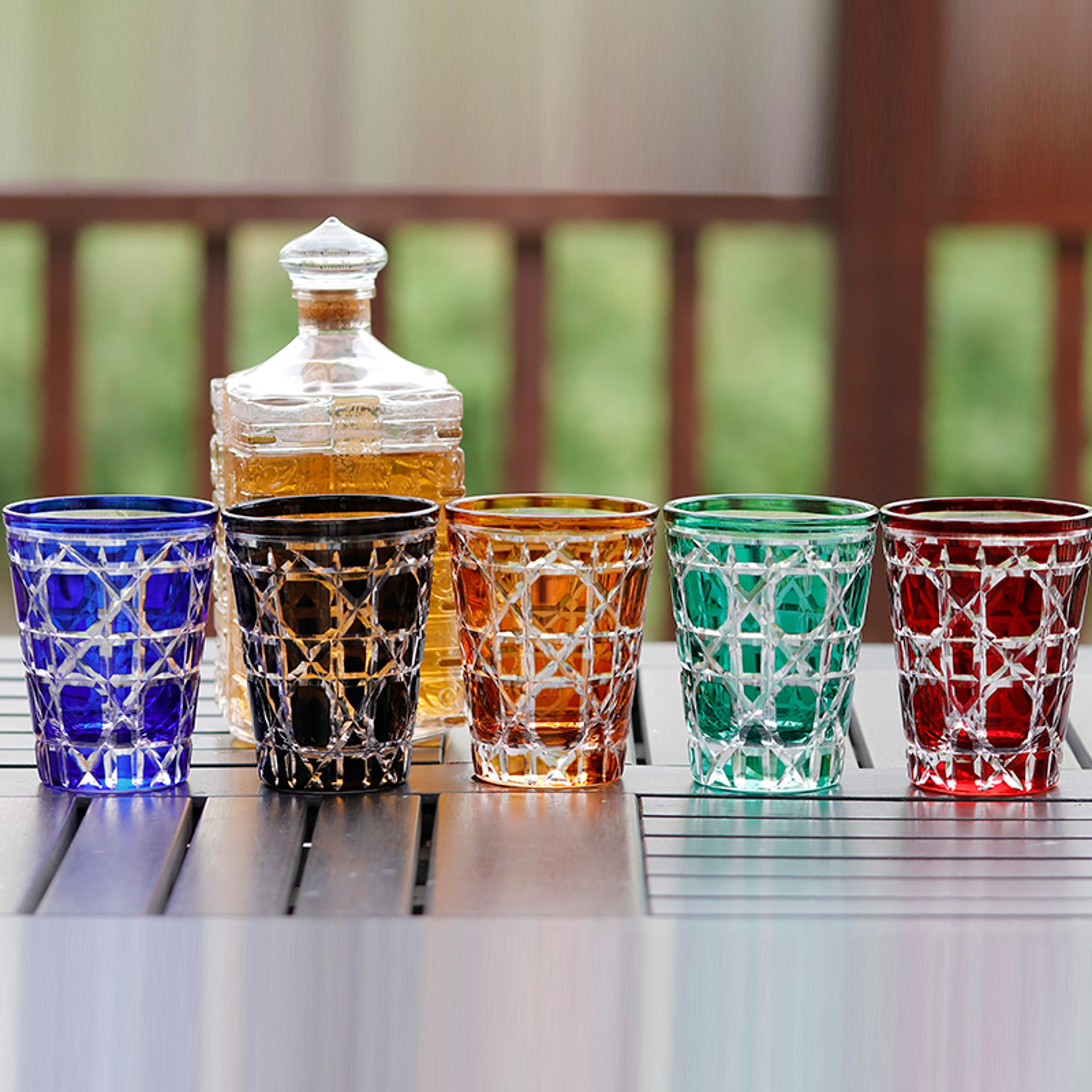 multi colored glass cocktail whiskey tumbler hand cut to clear highball water glass for cold beverages