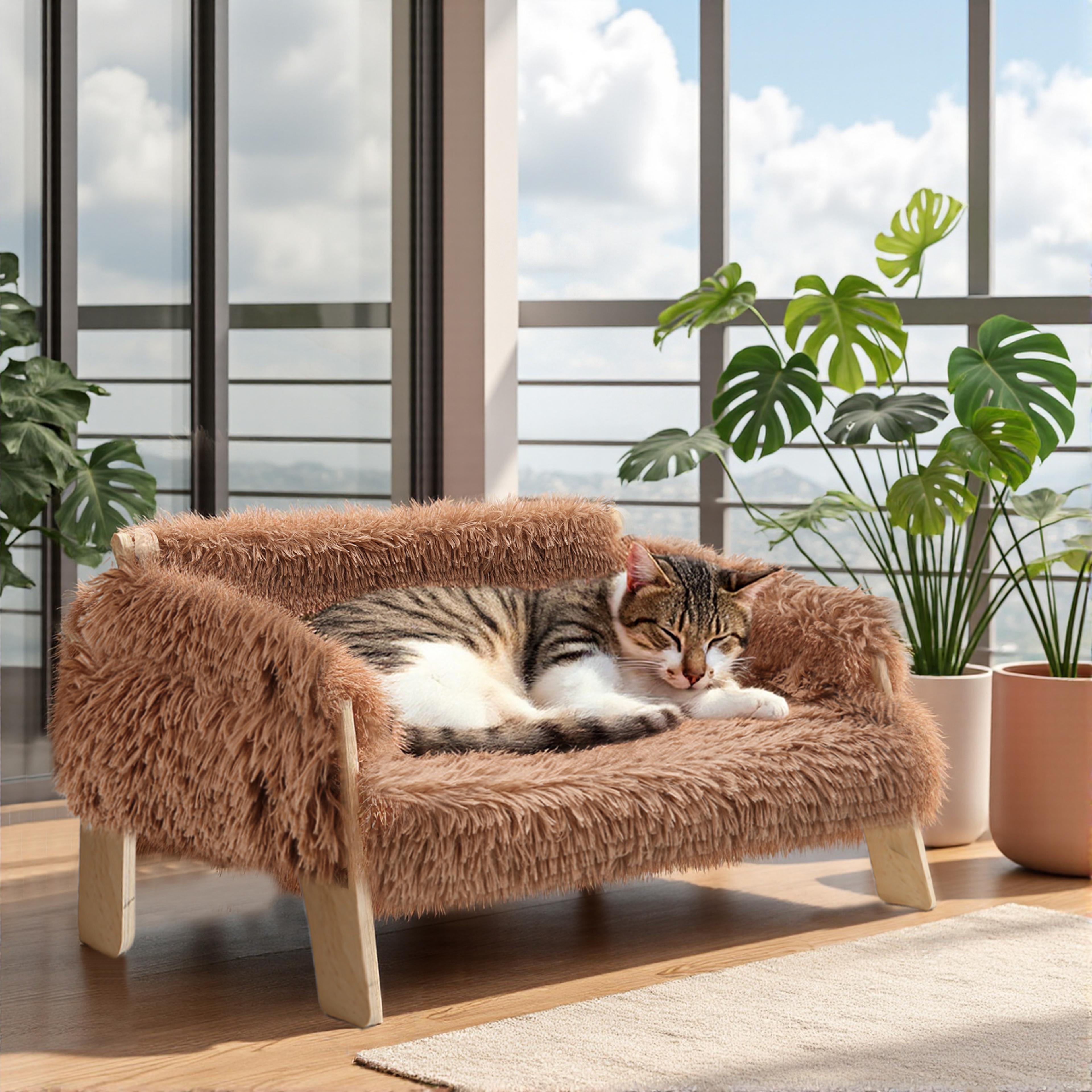 raised plush cat sofa bed, large cat bed with sturdy wooden leg, soft couch for indoor cats and kittens