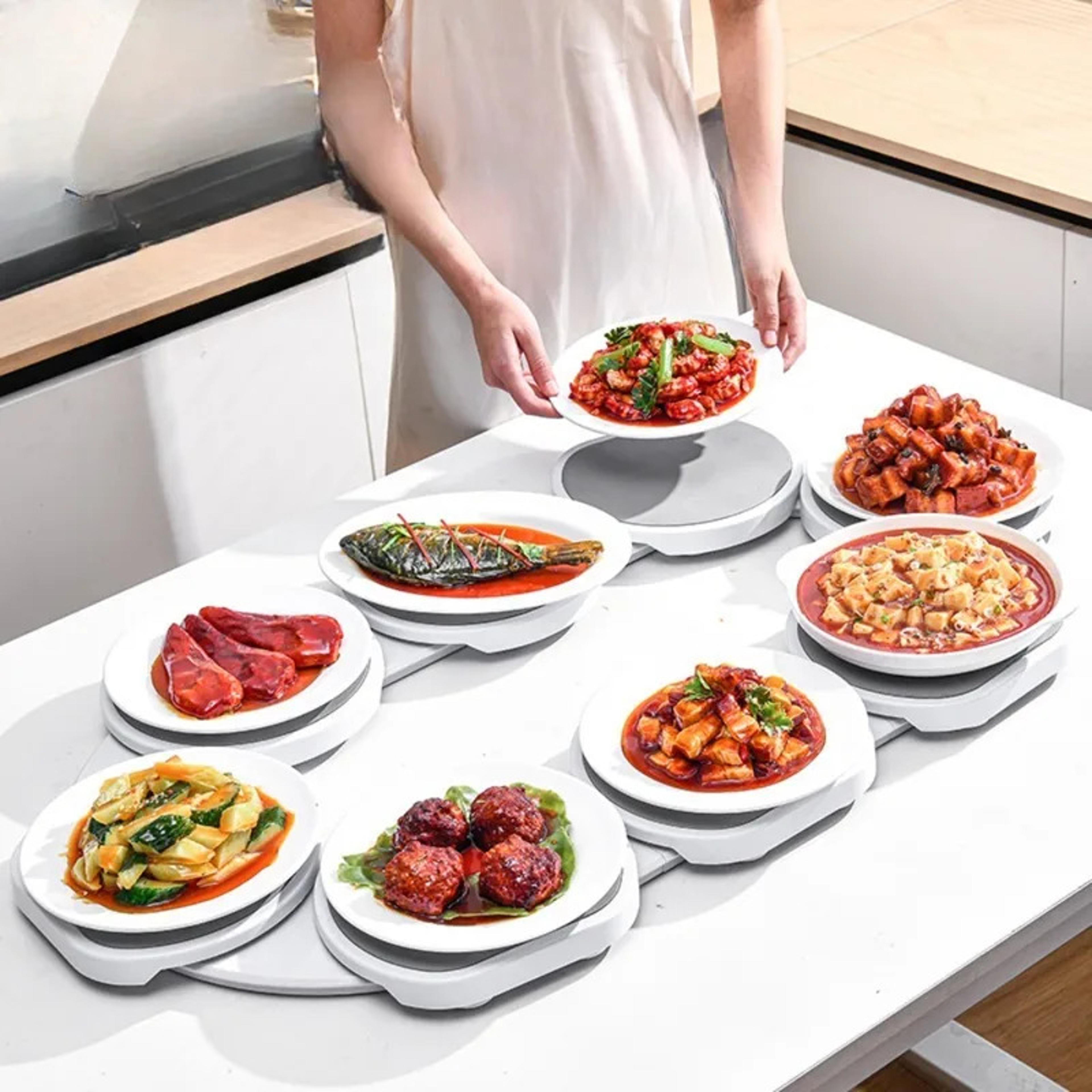 foldable dining table rotating food tray, space saving dish, outdoor family picnic saucer, easy assembly dining tools