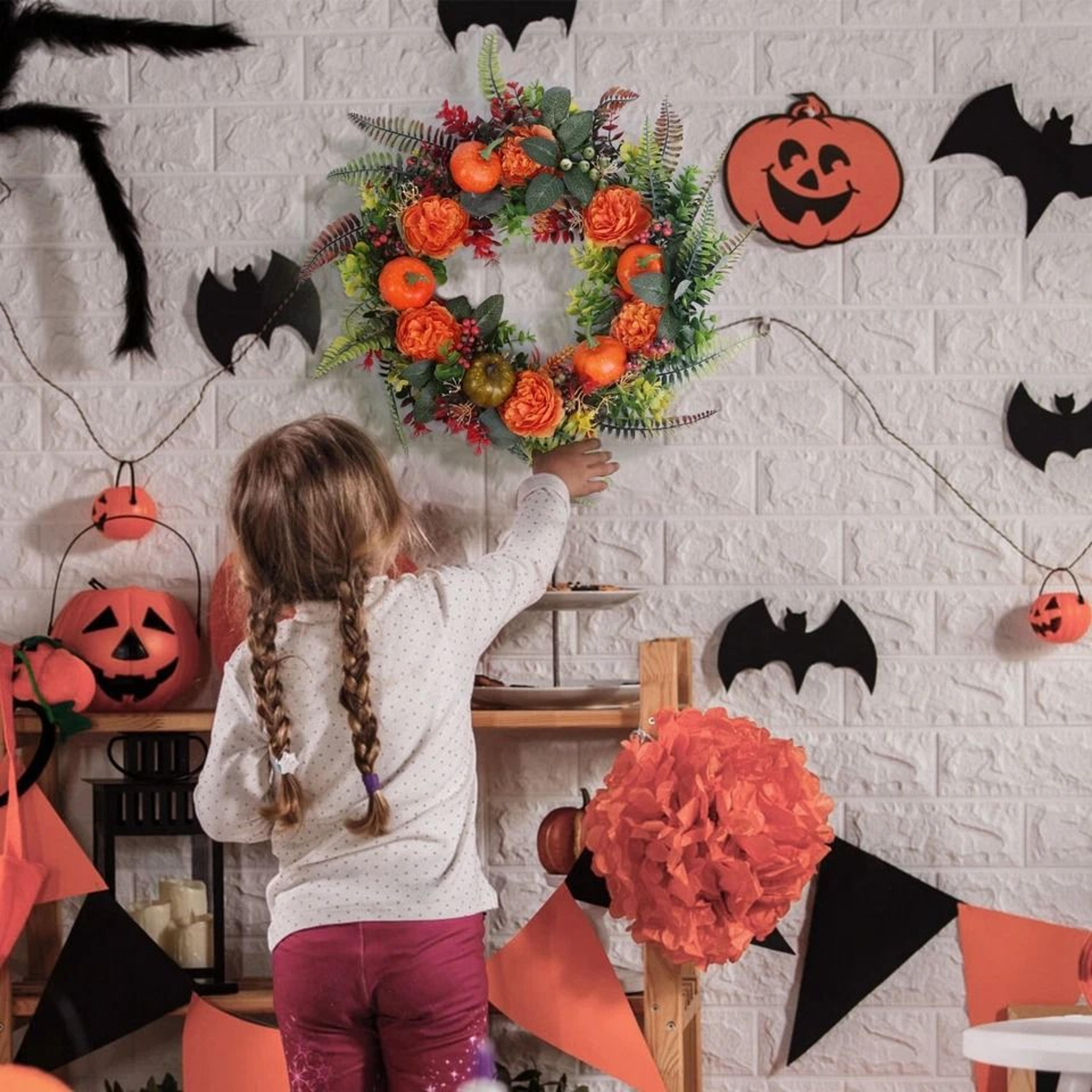 fall wreath with pumpkin, leaves, berries, and flowers, autumn party decor for indoor and outdoor use