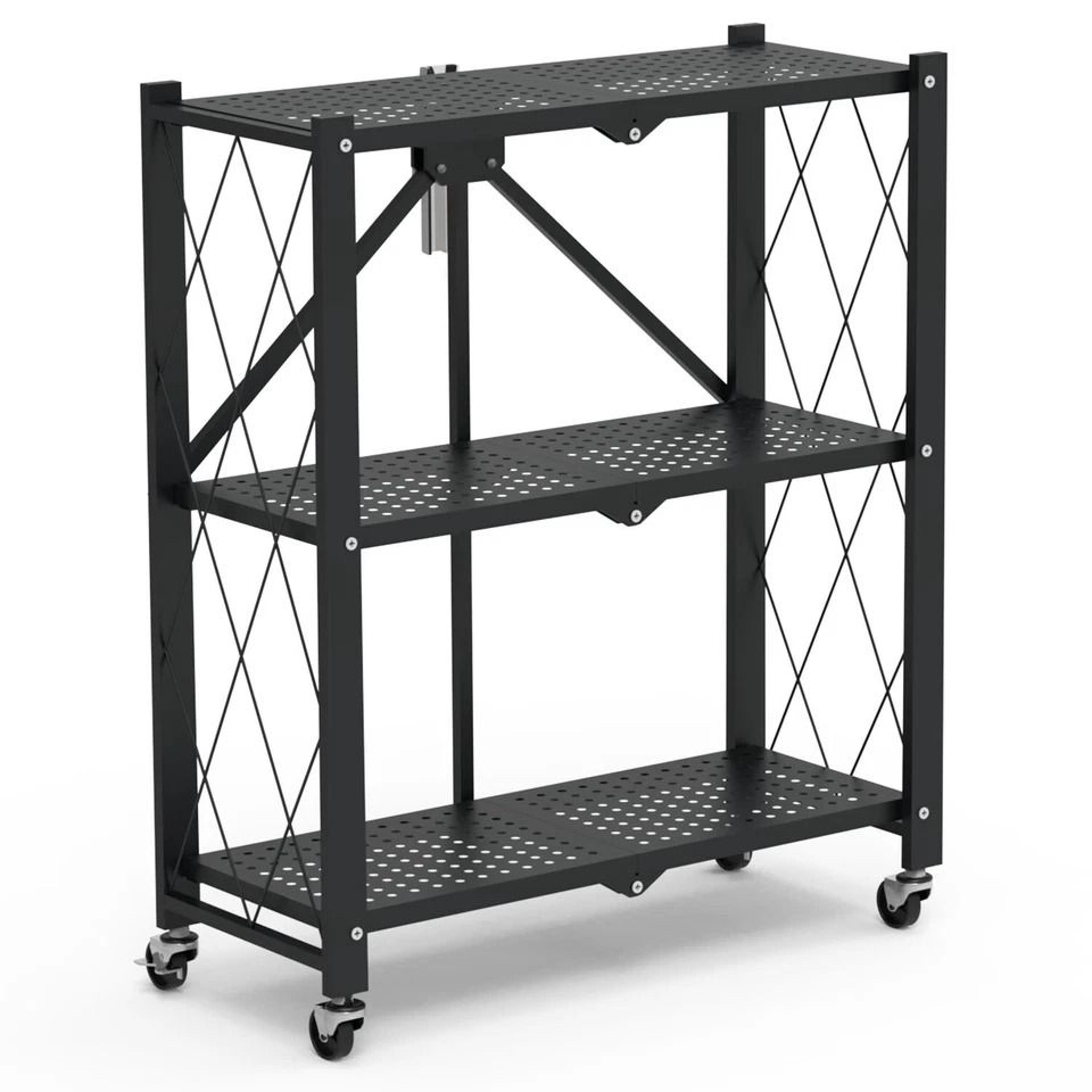 folding tier storage shelf with wheels, heavy duty utility rack, carbon steel organizer