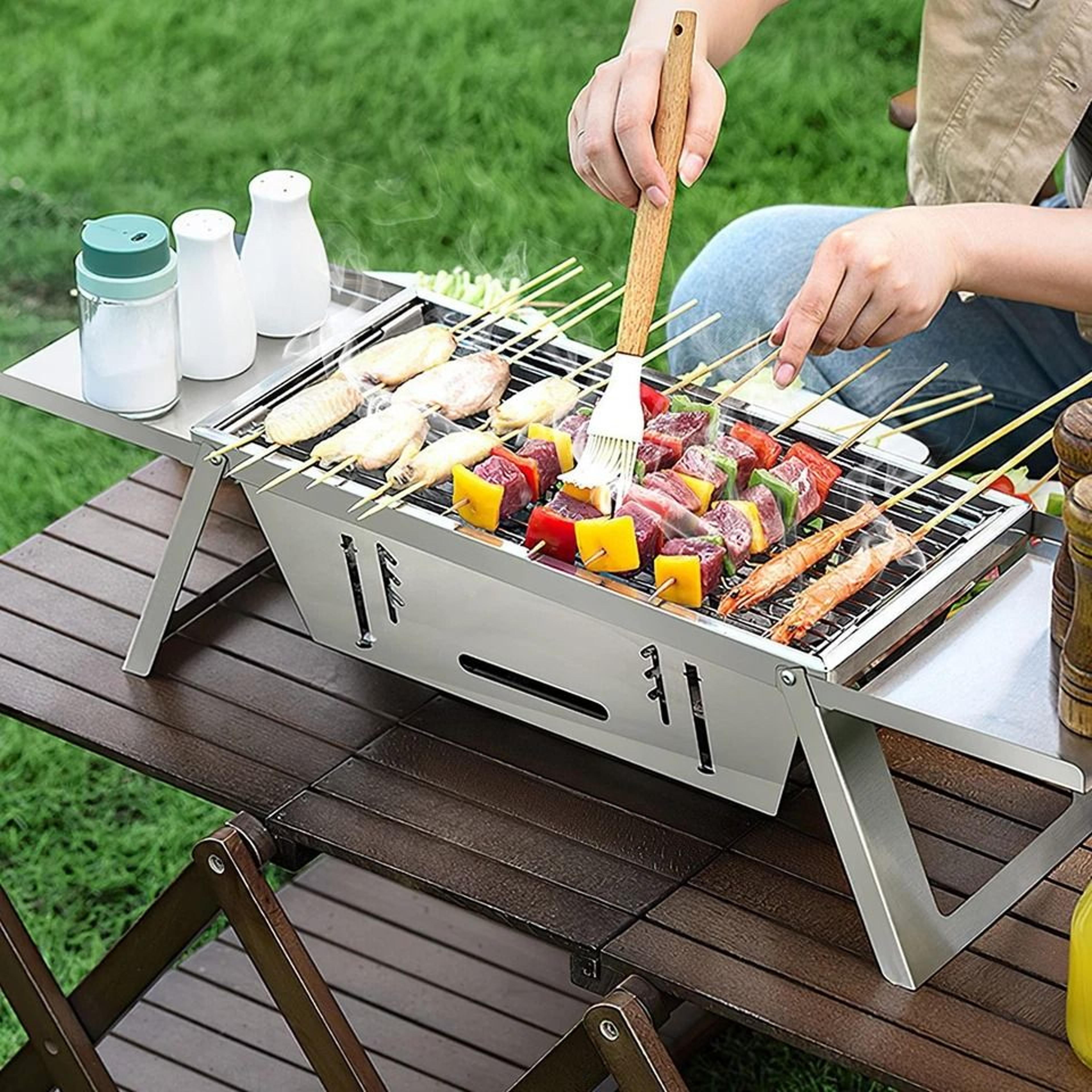 portable charcoal grill with fire pit, slow cooker, stainless steel, adjustable grate, ideal for camping, bbq