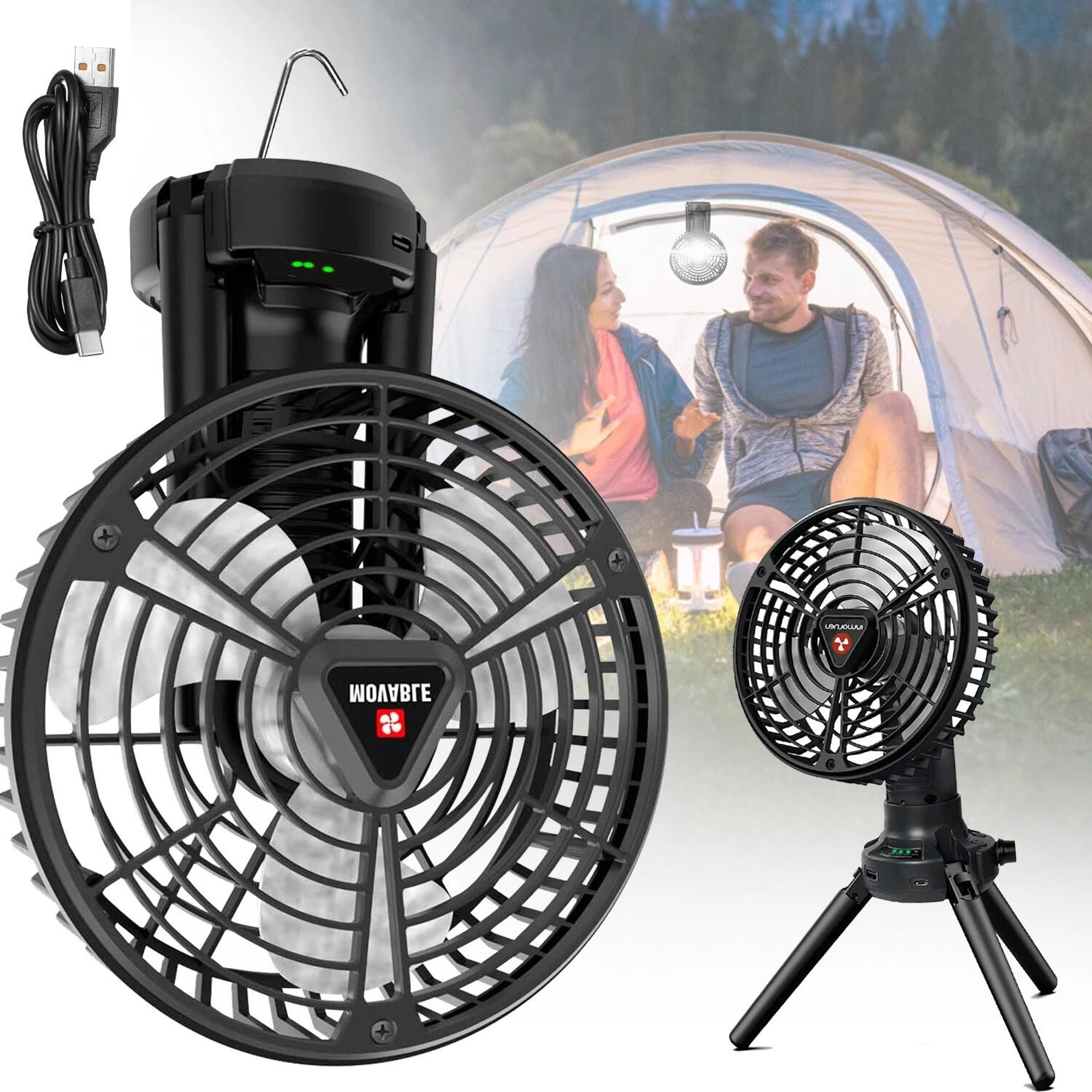 portable foldable camping tripod fan, brightness led light, hanging hook, adjustable angles