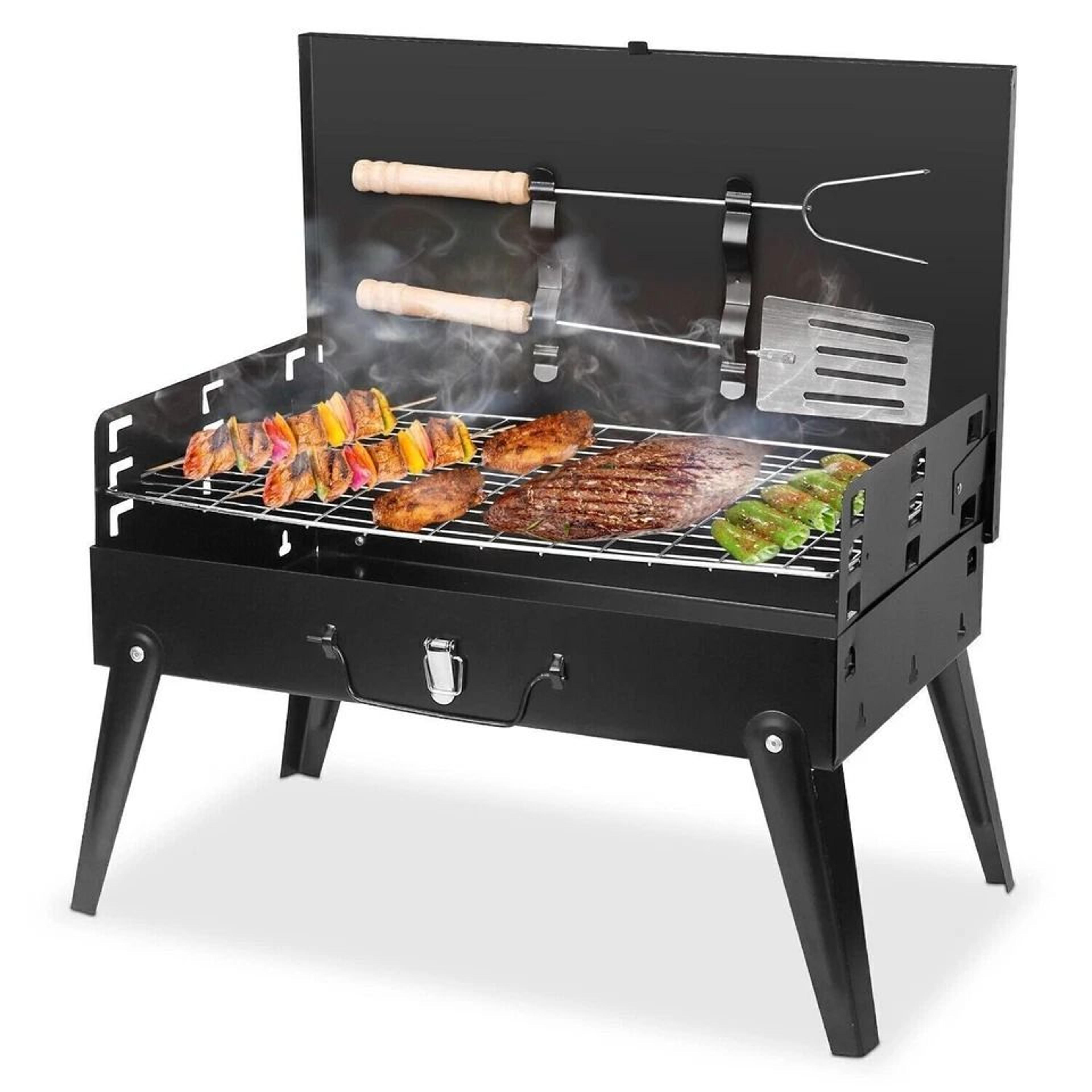 portable bbq grill, folding charcoal barbecue with adjustable heights, compact bbq grill shelf