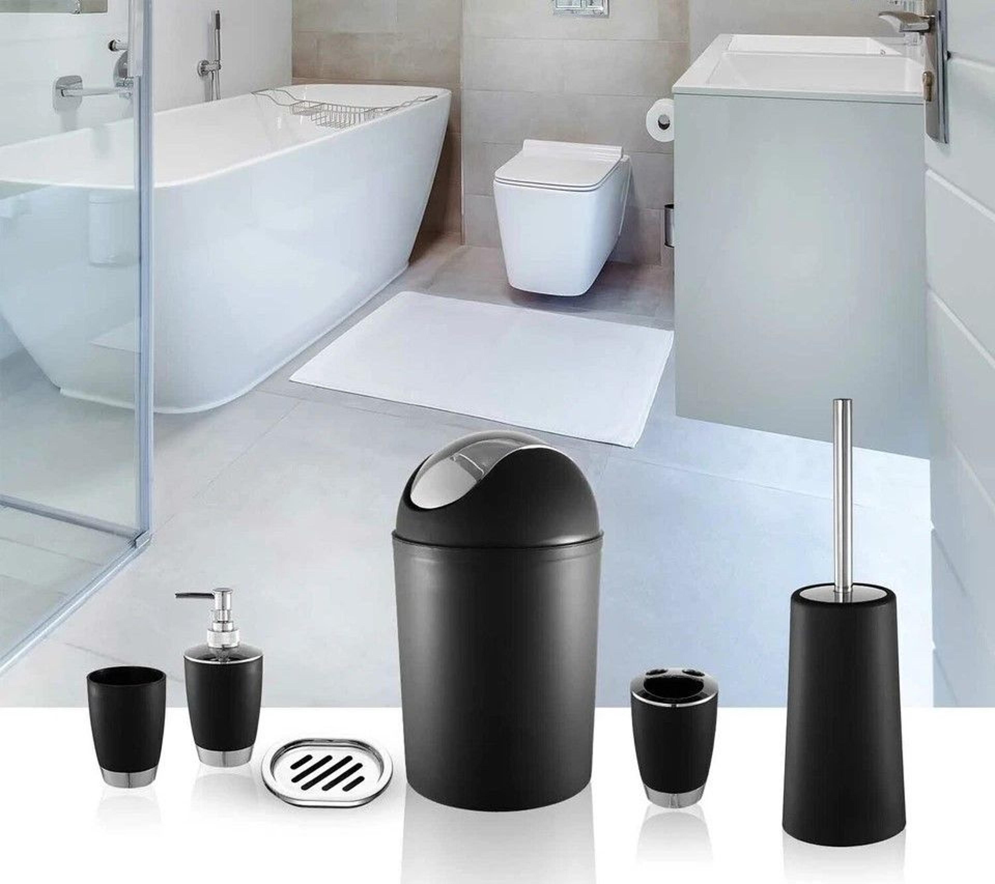 bathroom set, soap dish, toilet brush, toothbrush holder, tumbler & trash can for modern bathrooms
