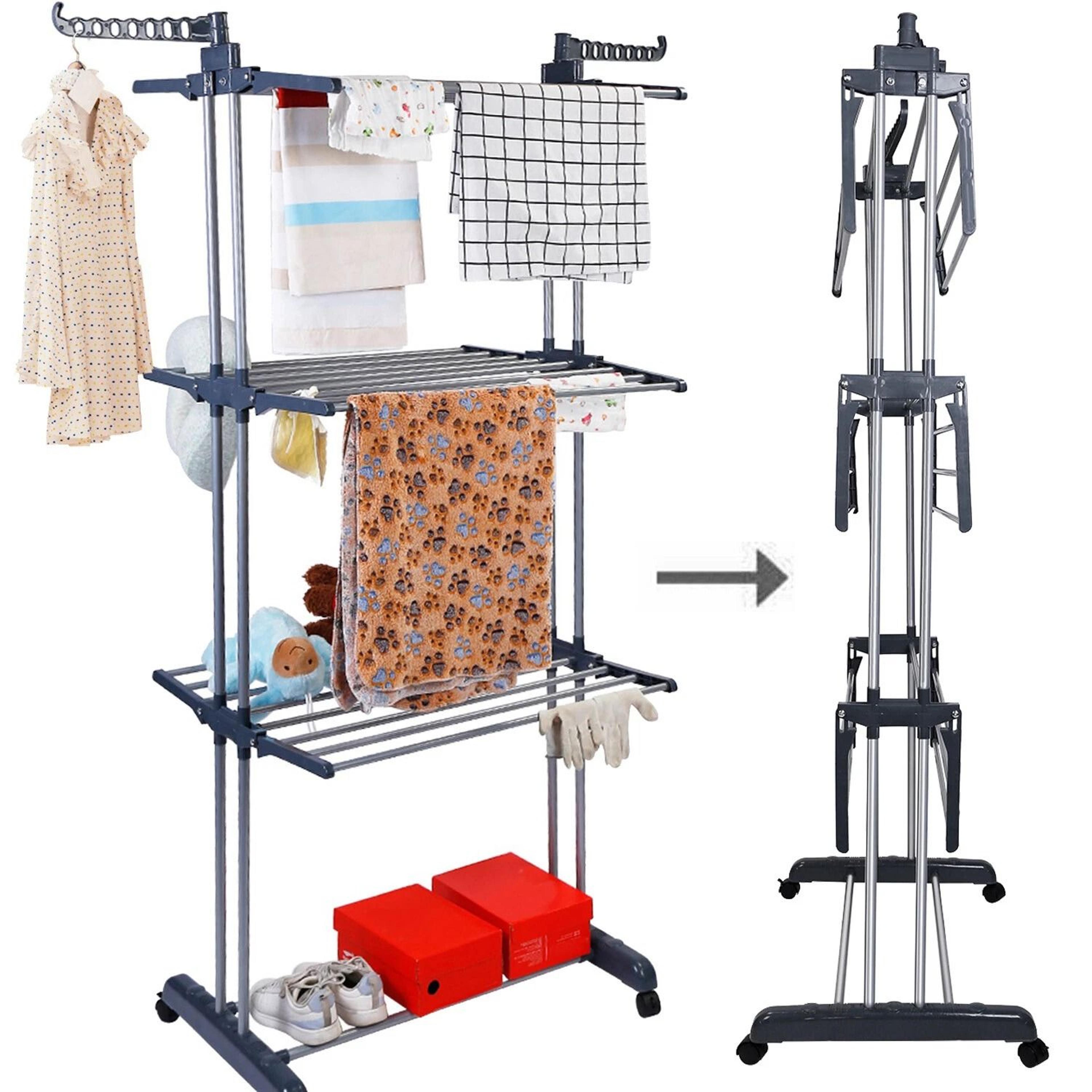 folding drying rack, tier laundry organizer with mobile stand, clothes dryer hanger, space-saving design for indoor