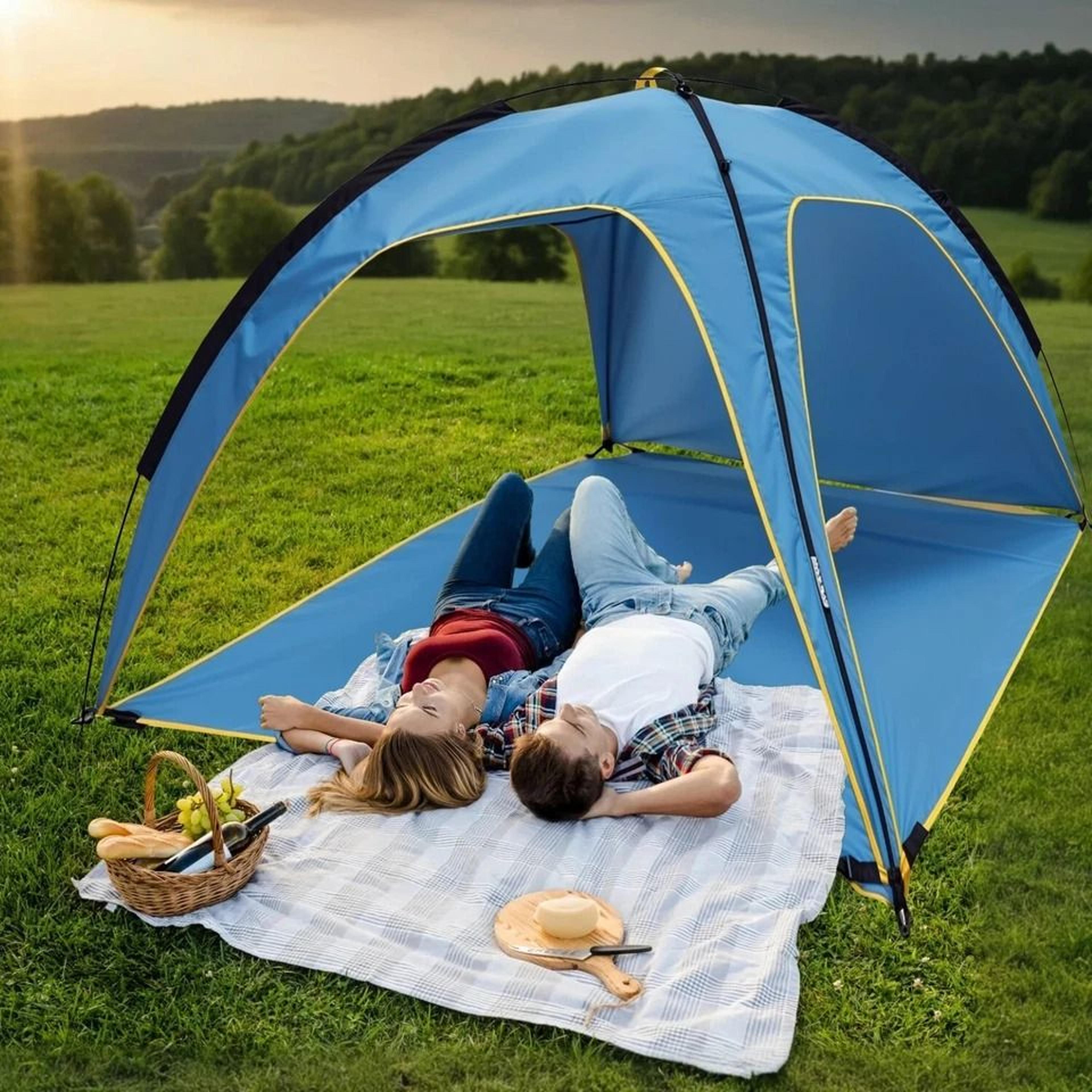 beach tent bag, camping tent for summer picnic, outdoor canopy for hiking, uv-protected blue tent