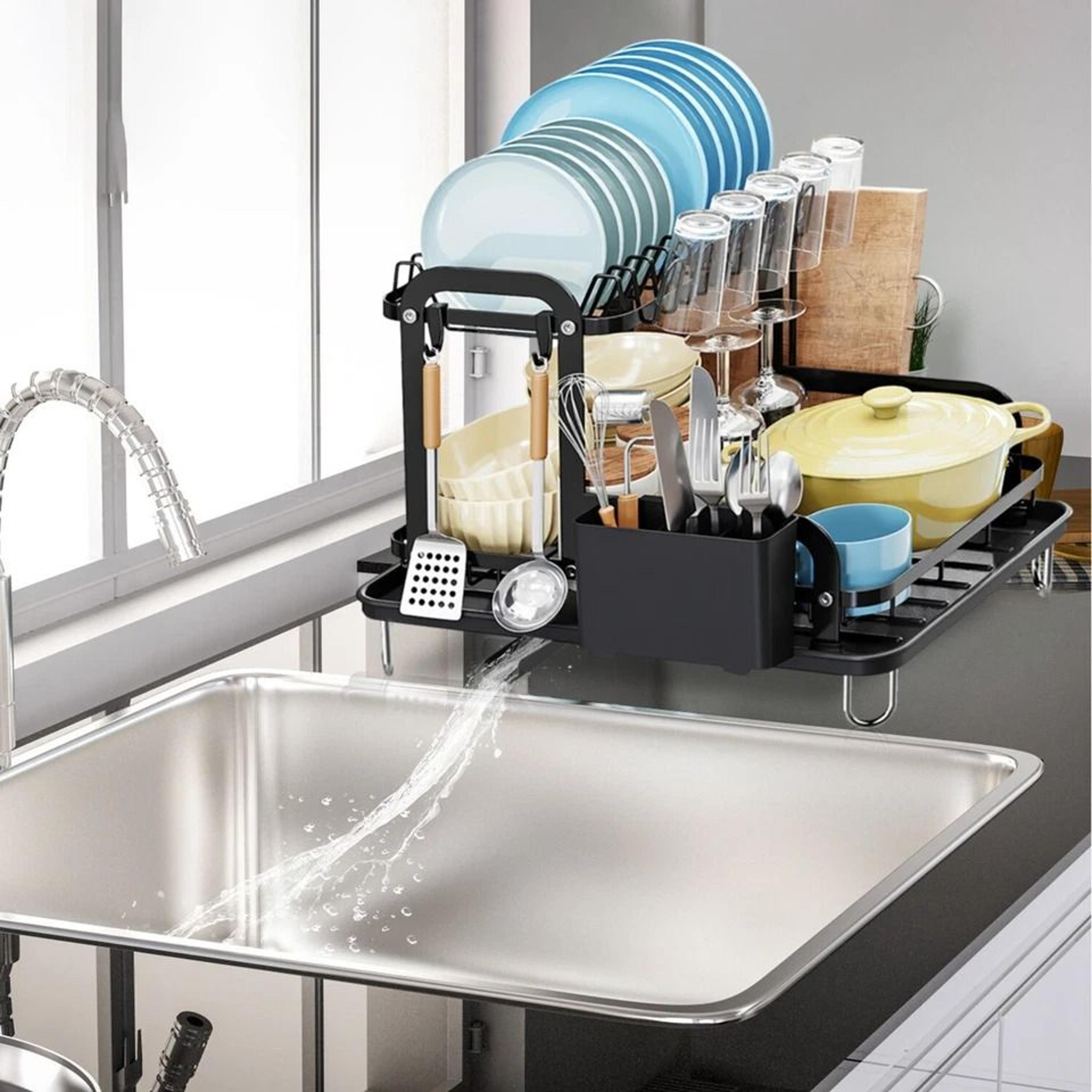 tier dish drying rack with drainboard, carbon steel, utensil holder, large capacity, kitchen counter storage solution