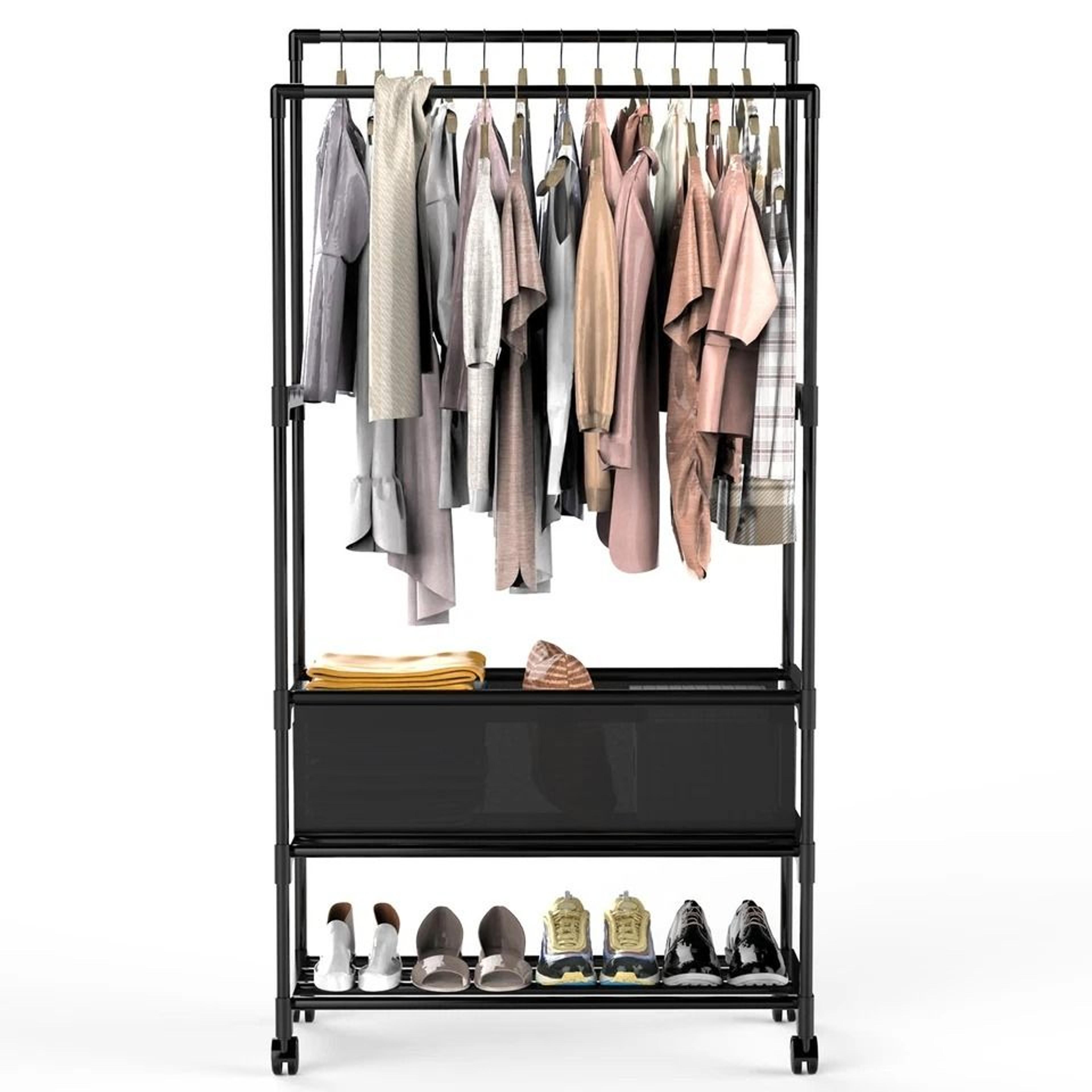 clothing rack with storage bag, heavy duty garment rack for shoes, bedroom, clothes, adjustable non-woven bag