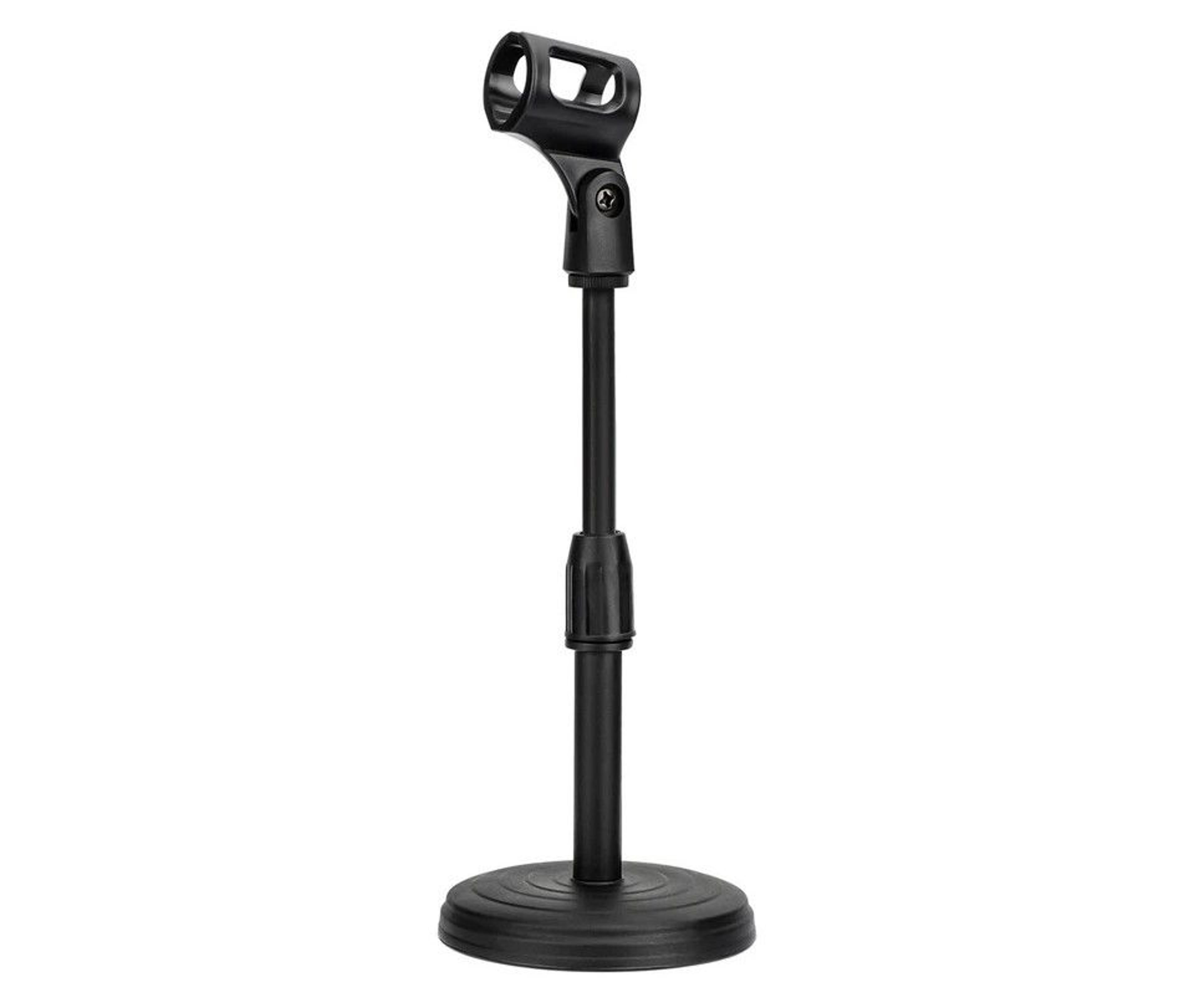 portable desktop microphone stand, adjustable height, mini round base, weighted, rotatable mic clip