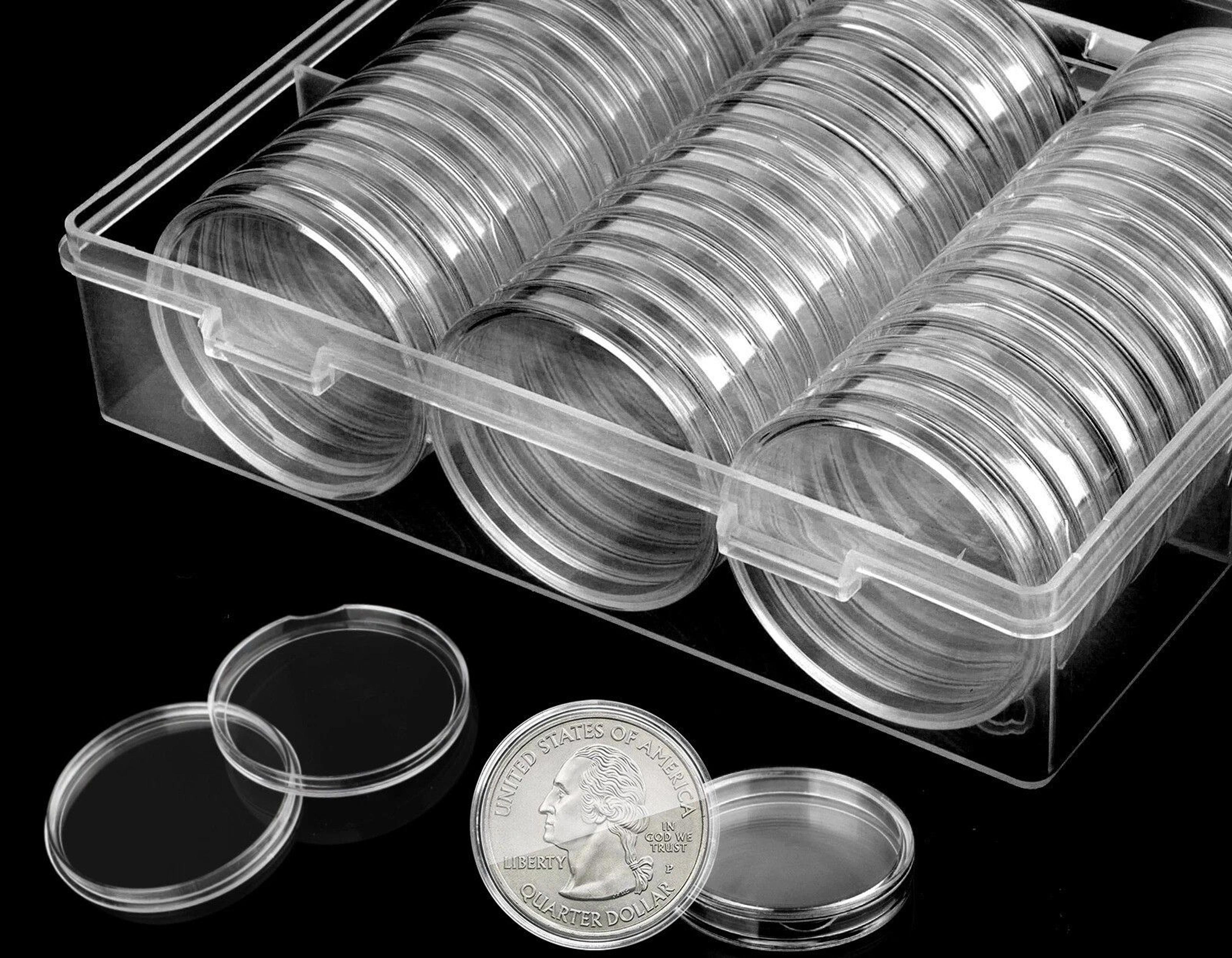 coin box holder with capsules, fits us silver eagle coins, clear, durable plastic storage