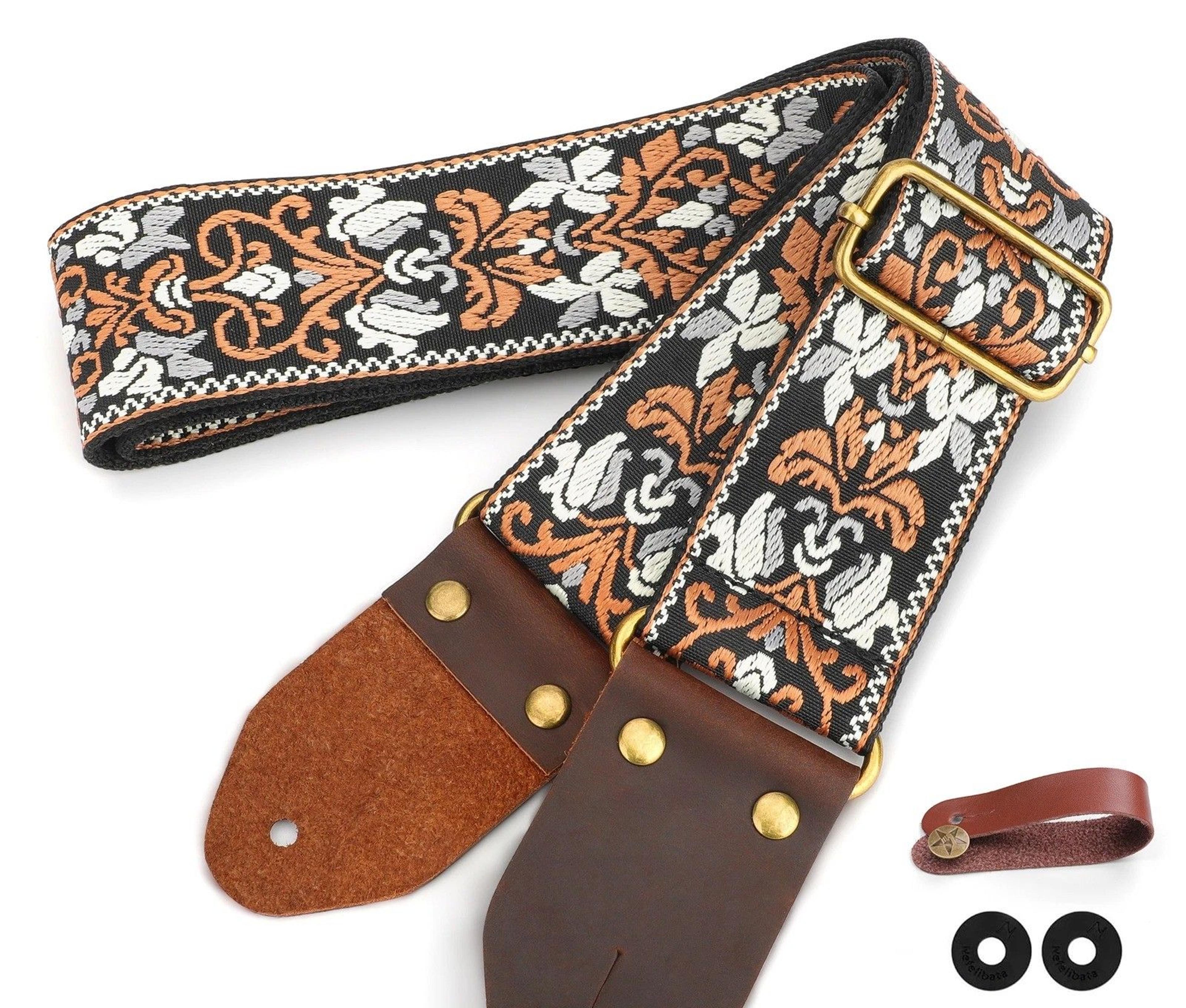 embroidery guitar strap for bass & acoustic guitars, adjustable cotton strap, brass sliding buckle
