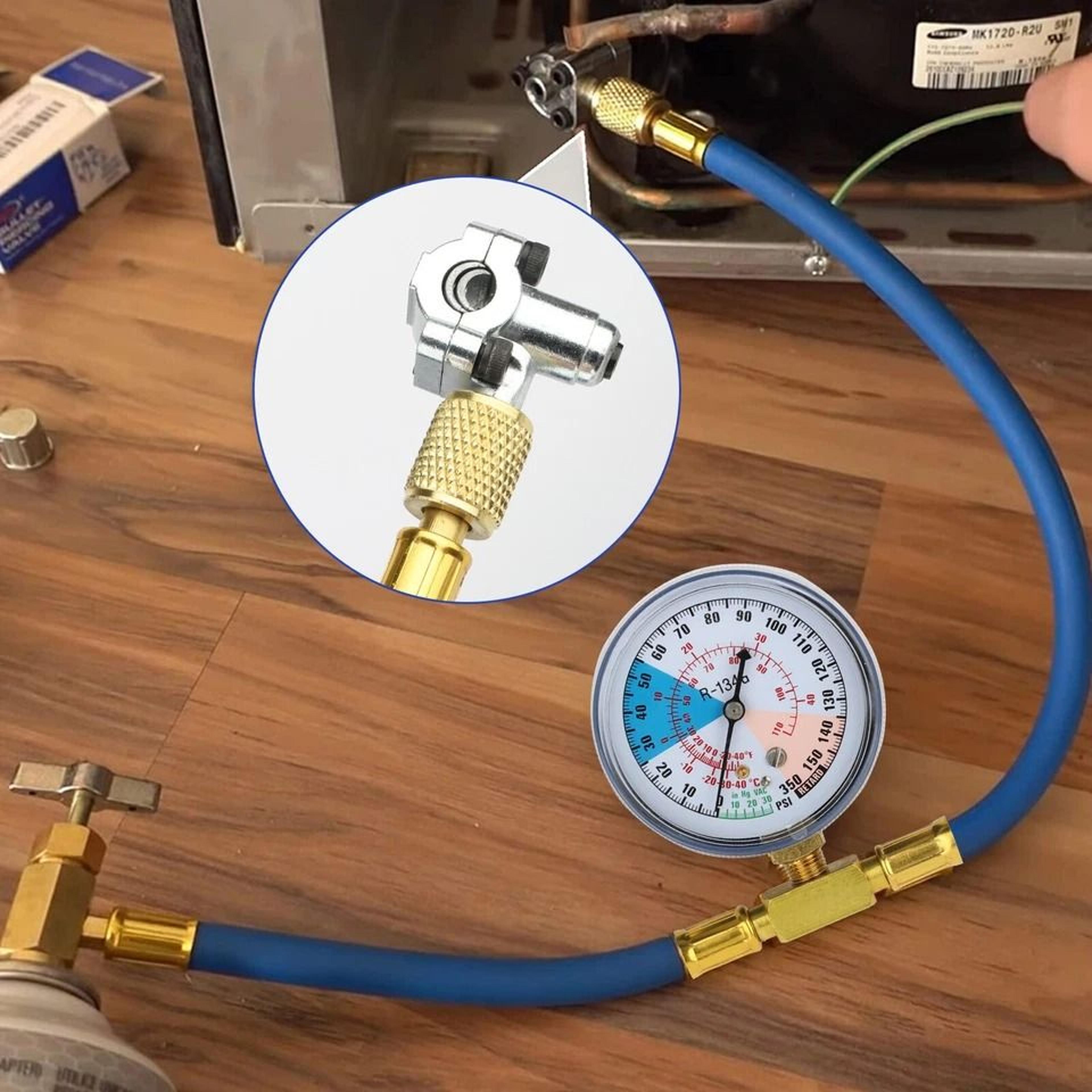 refrigerator freezer valve kit with pressure gauge, bullet piercing tap tool for ac system, hvac maintenance