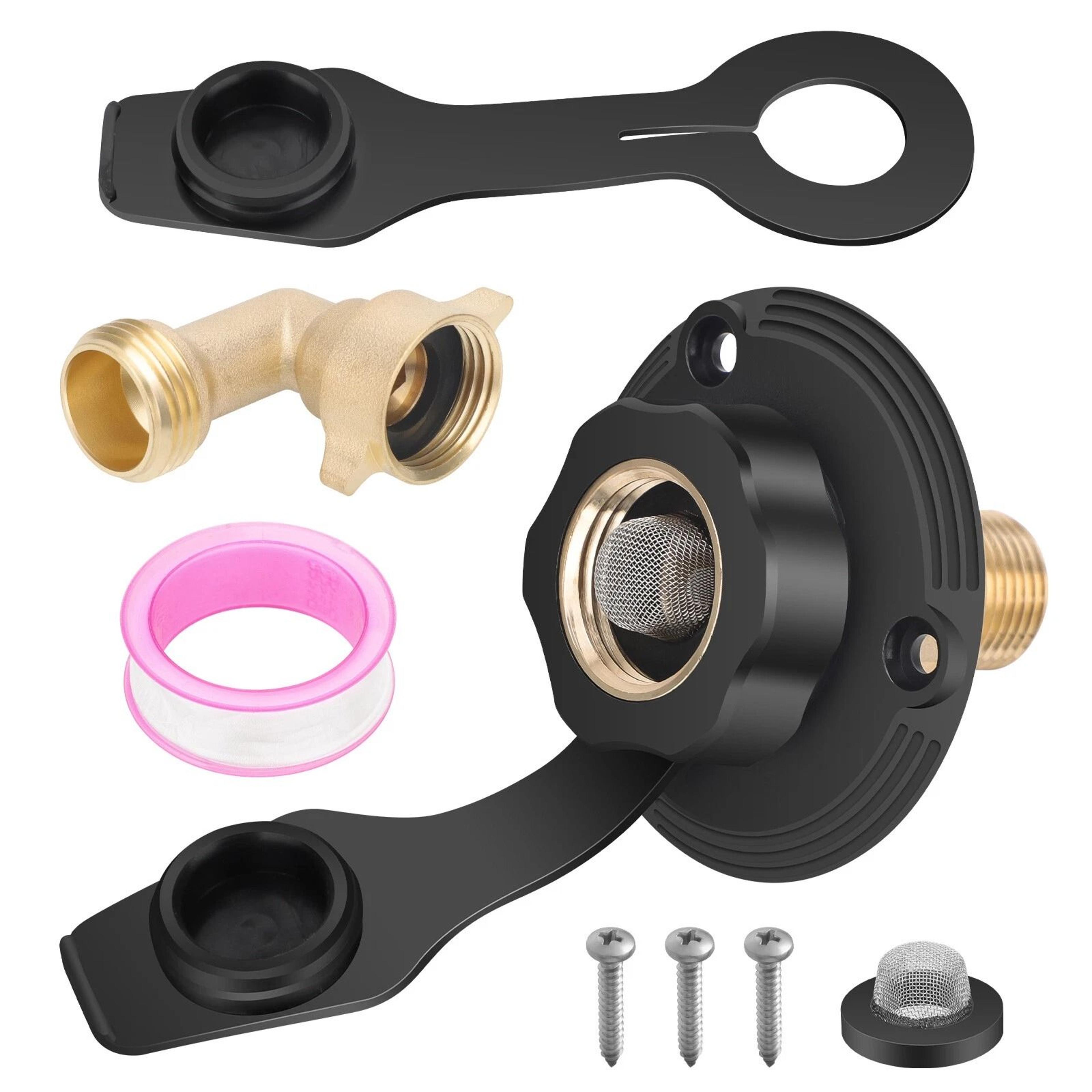 durable rv city water inlet kit with hose elbow, check valve for trailer, camper, marine use - brass & abs construct