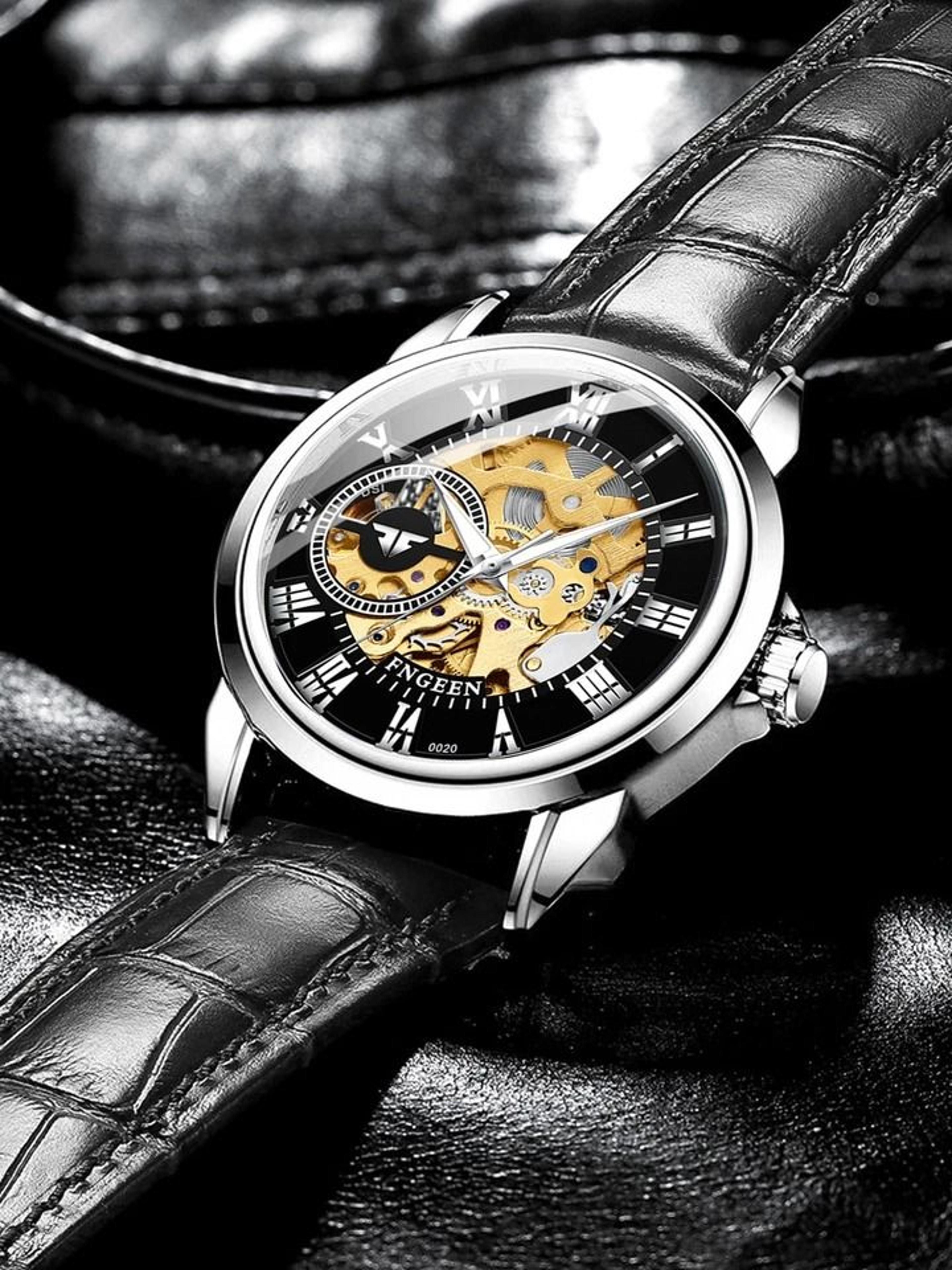 luxury men's skeleton automatic mechanical watch, black leather strap, chronograph, retro style, silver alloy case