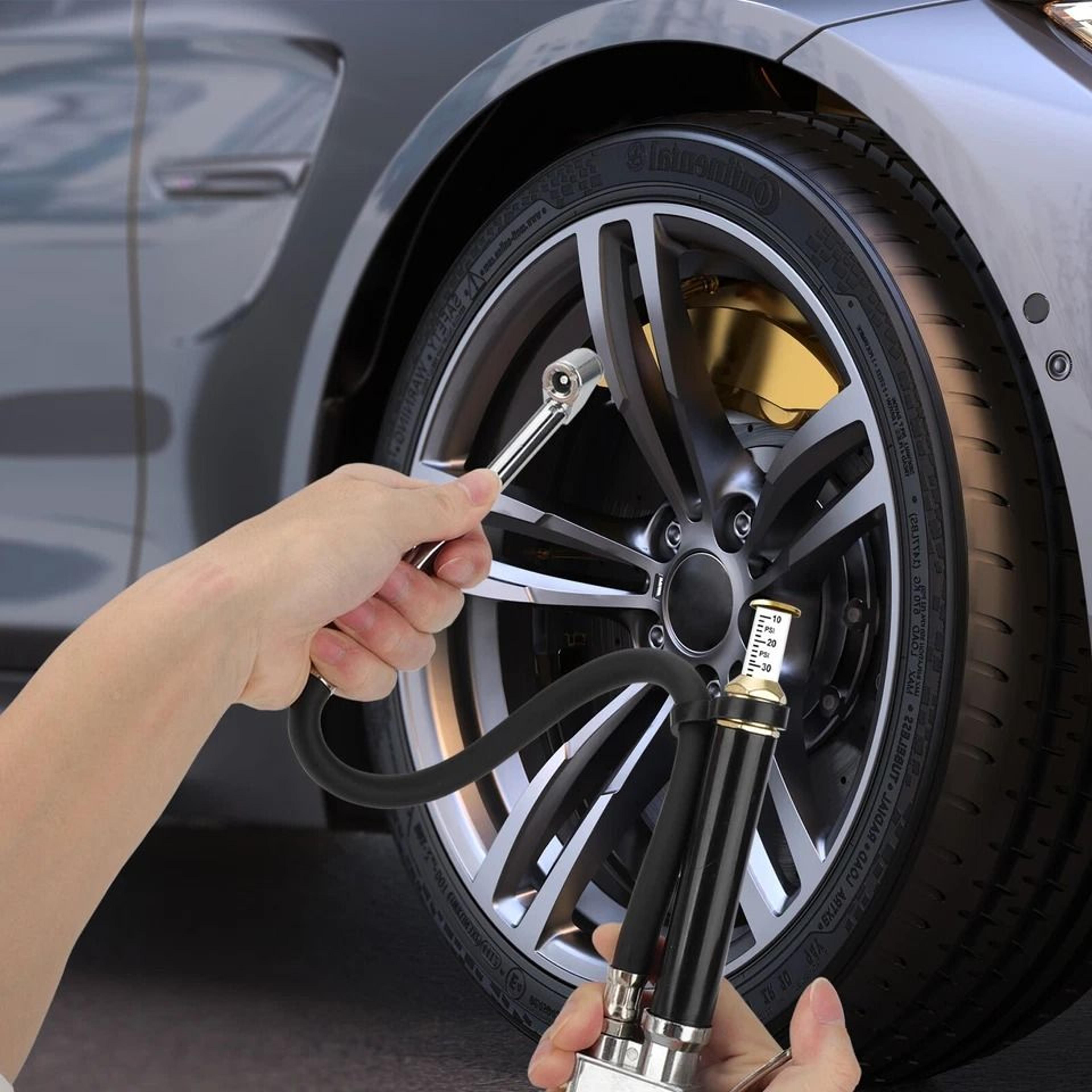 air pressure gauge with lock on air chuck, dual head tire inflator for car truck and bike