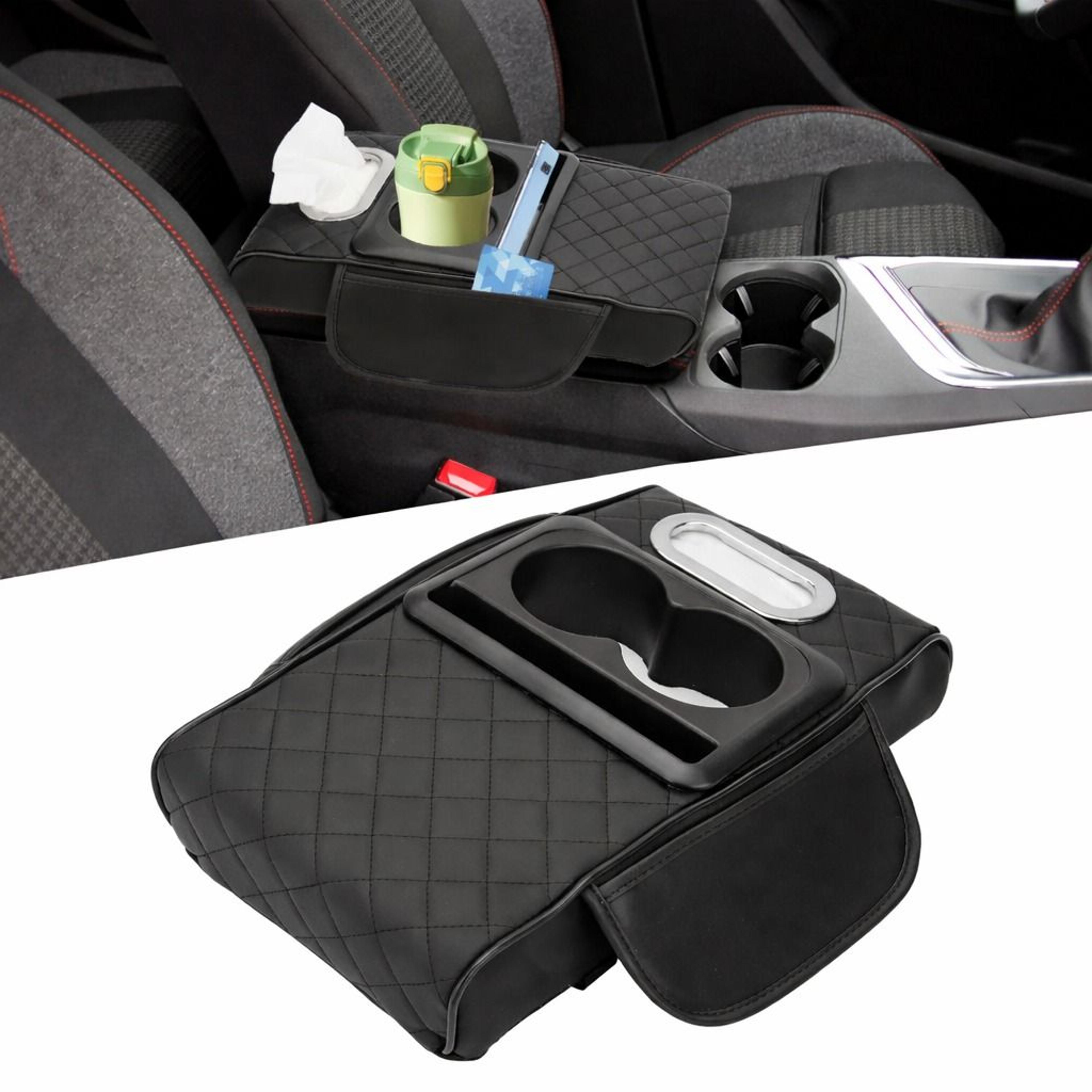armrest pillow for car center console, leather cover with storage, cup holder, phone slot & tissue box holder