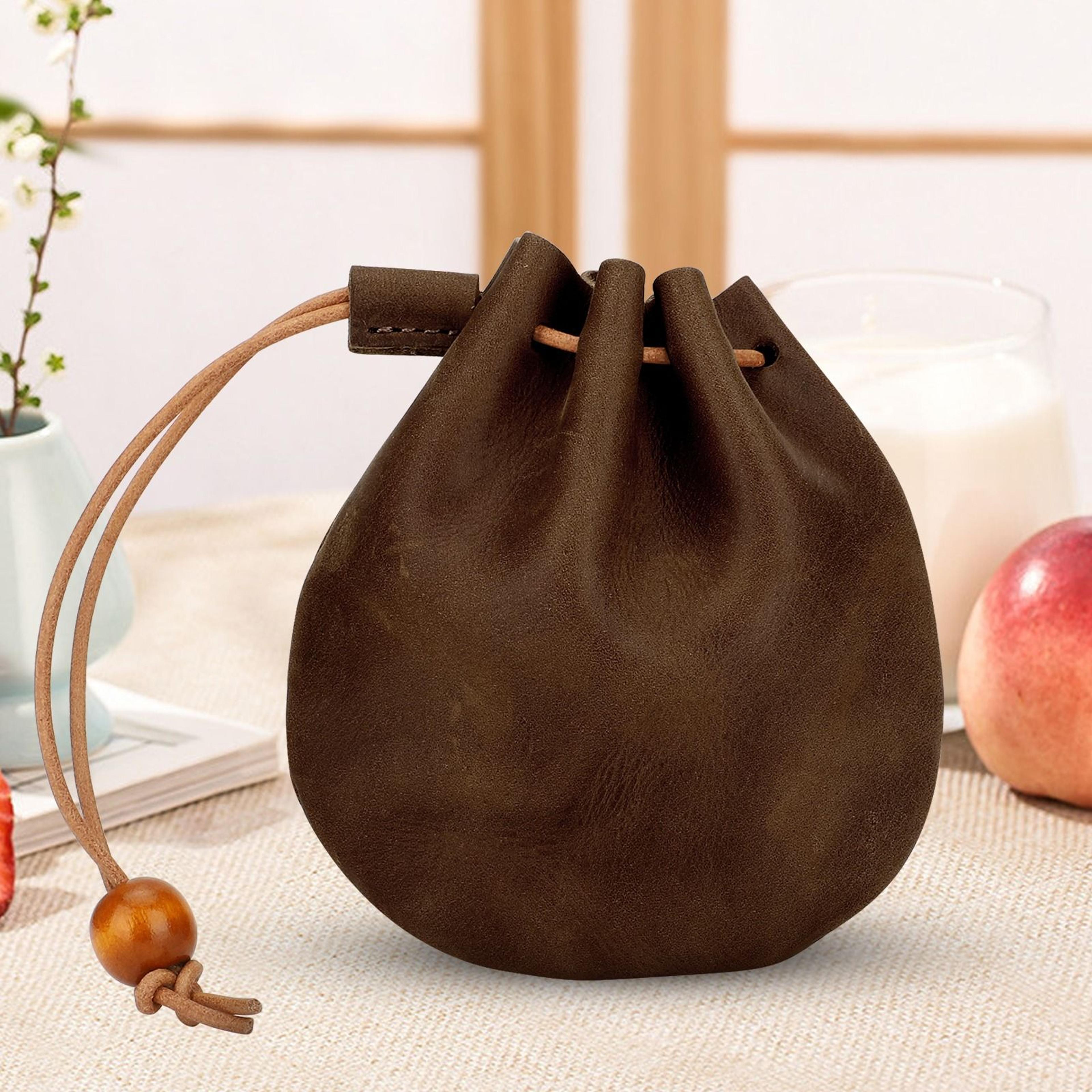vintage leather coin purse, drawstring bag small money case, unisex leather wallet pouch for travel