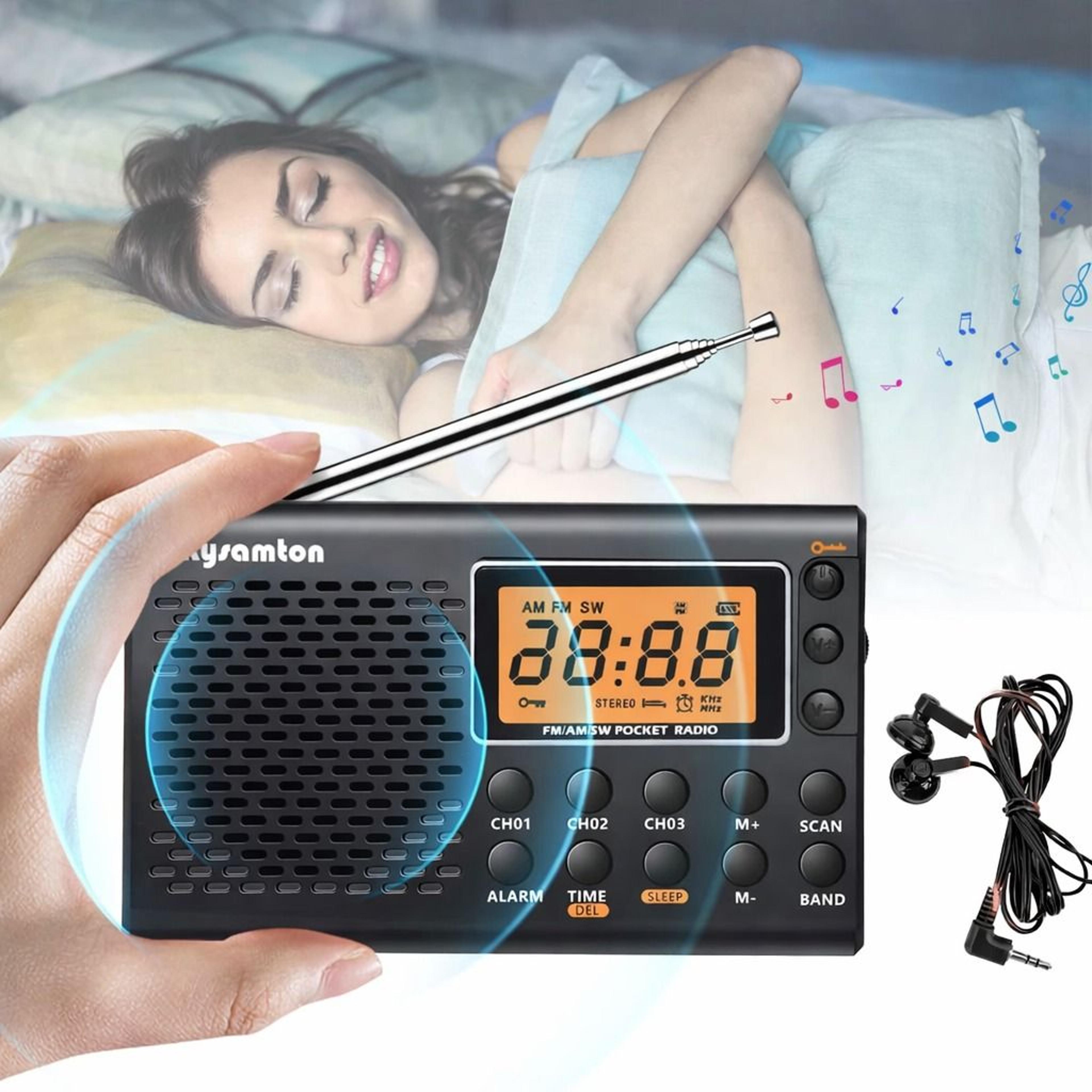 digital lcd fm/am/sw radio, portable pocket radio with alarm clock, sleep timer, earphones, long-lasting battery for hom