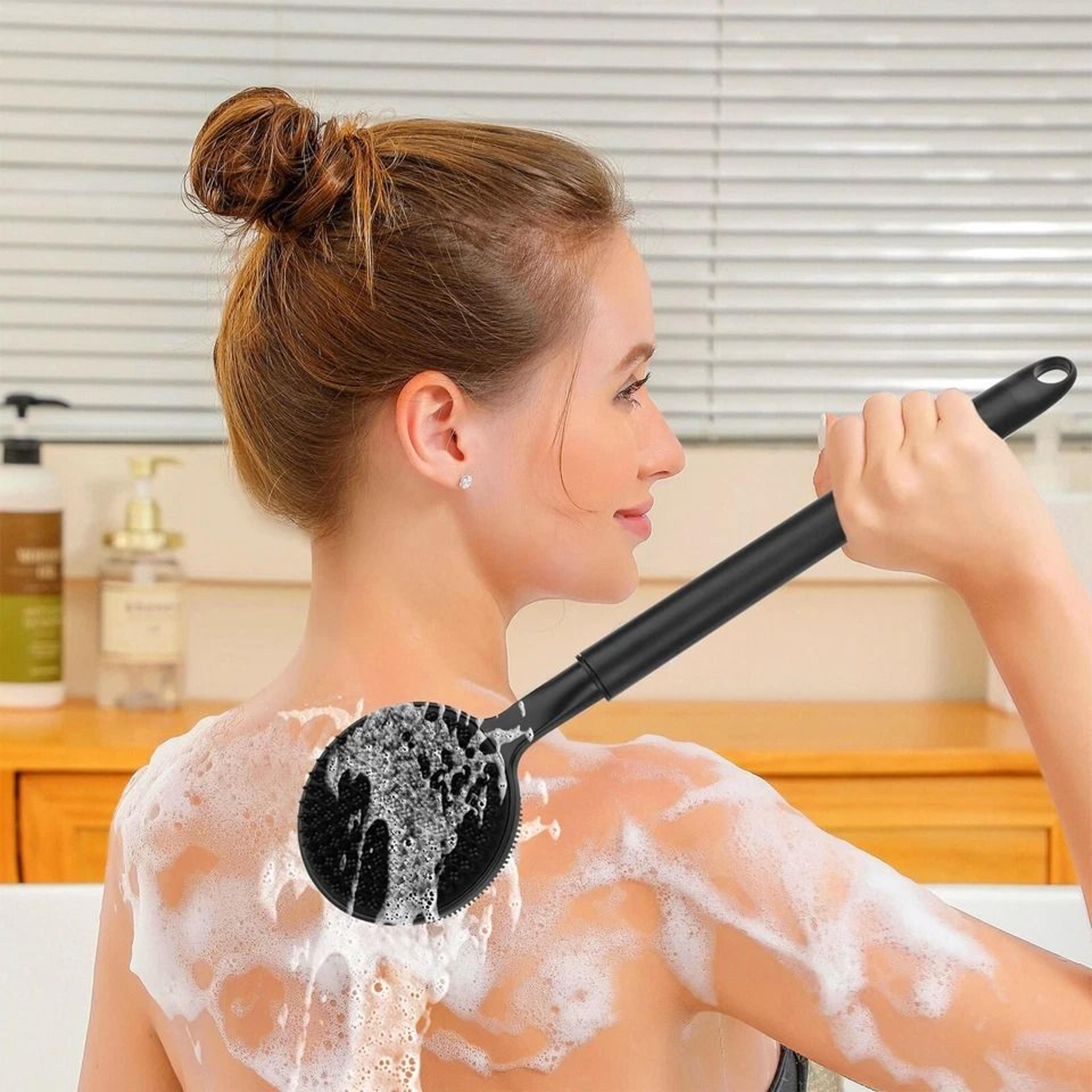 telescopic silicone shower back scrubber, adjustable long handle bath body brush, detachable double-sided back brush