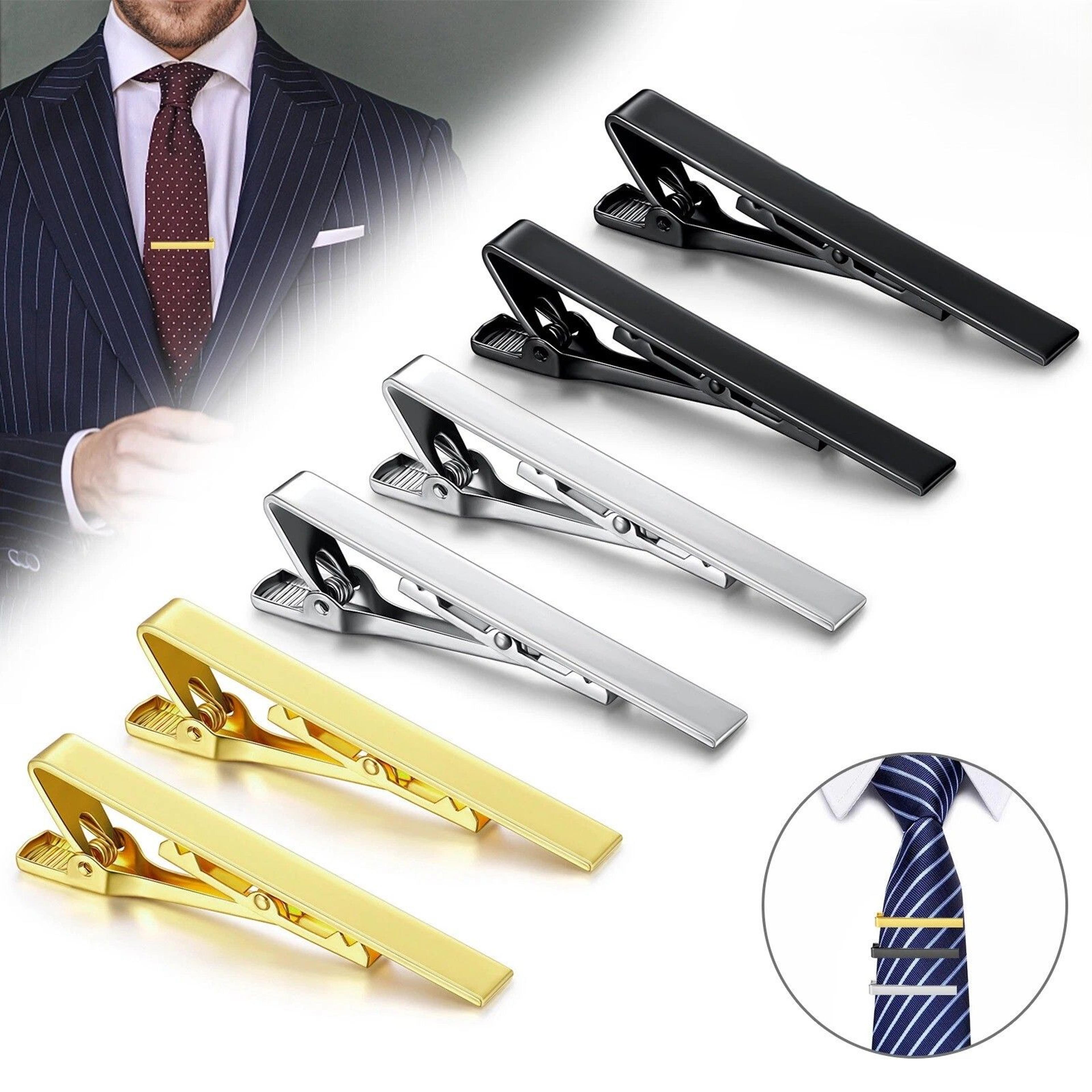 elegant metal necktie tie clips for men, black, silver, gold, wedding party gift, copper bar pinch clasp