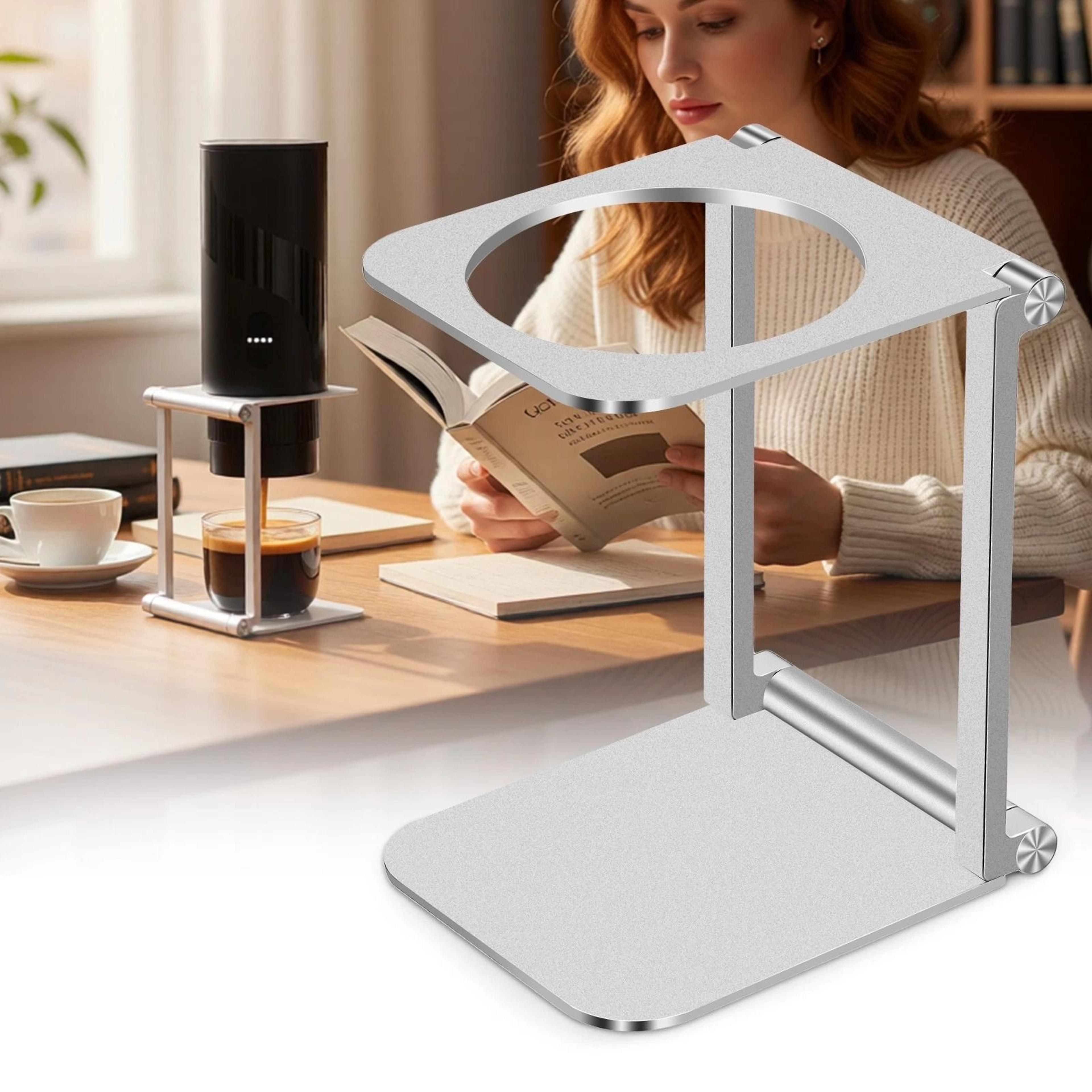 portable aluminum espresso stand, foldable dripper stand for pour over coffee, compact for travel & home use