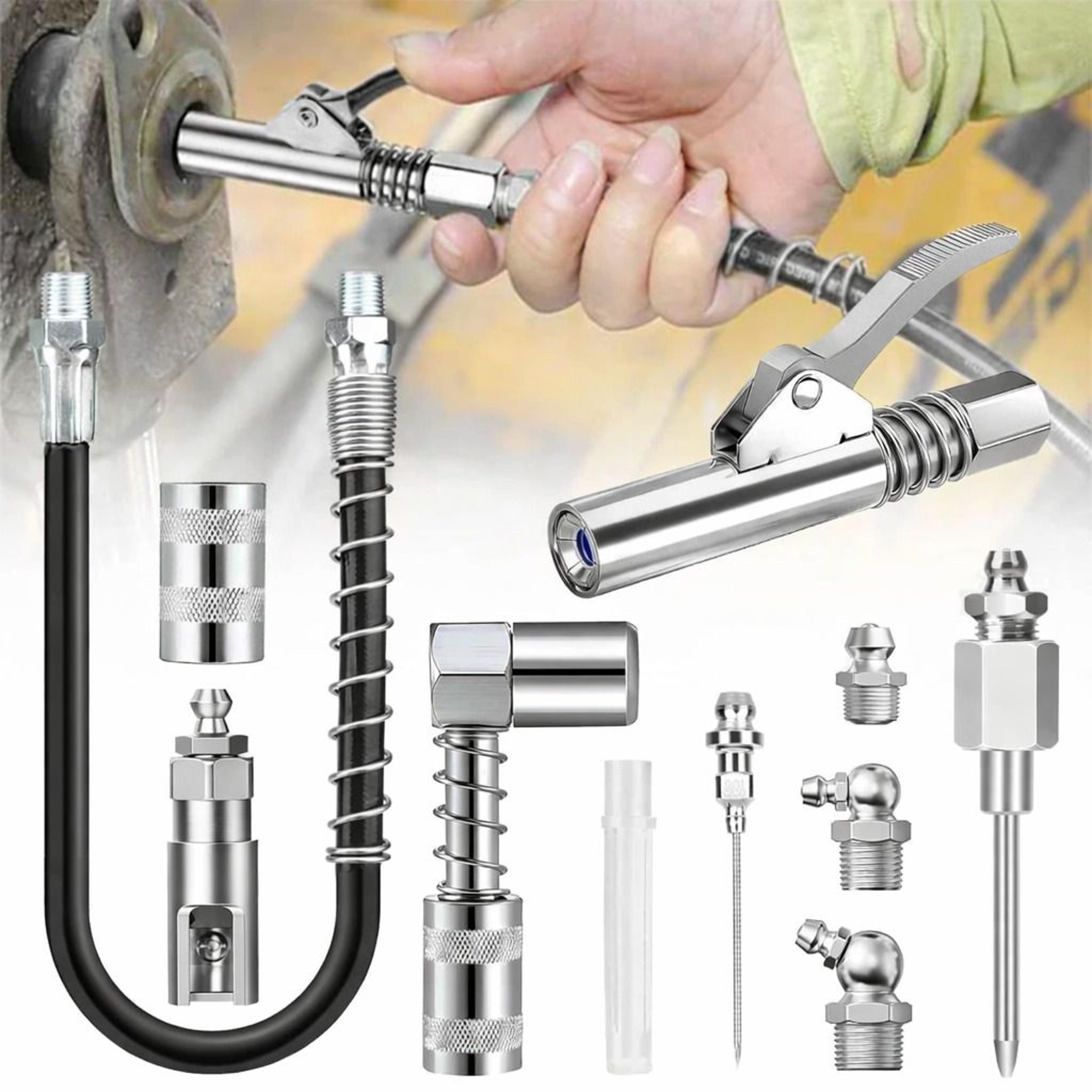 grease gun accessory kit, adapter needle, coupler, flex hose, fittings for automotive, truck, farm