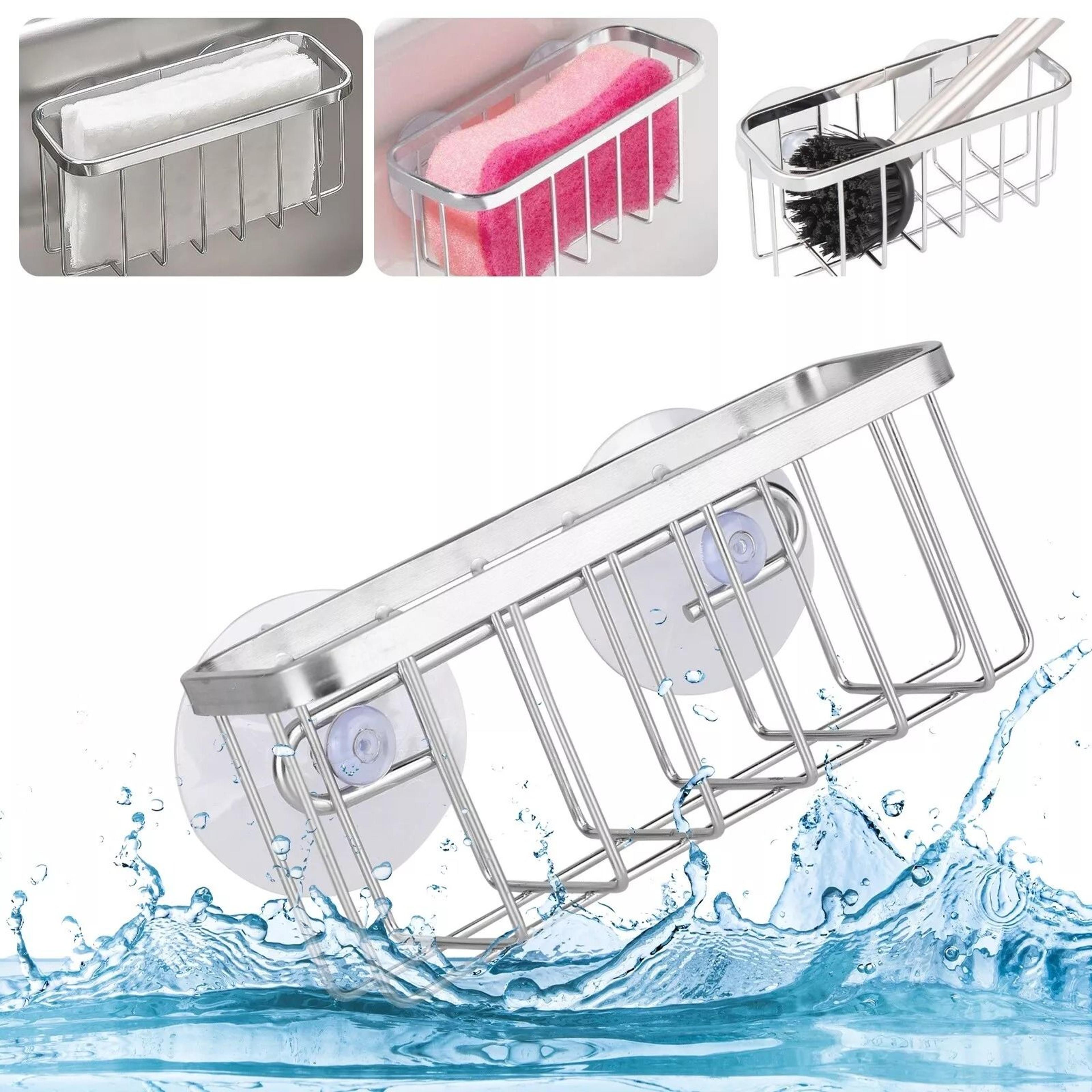 kitchen sink caddy, sponge holder with suction cups, stainless steel drain rack, soap storage organizer for sponges