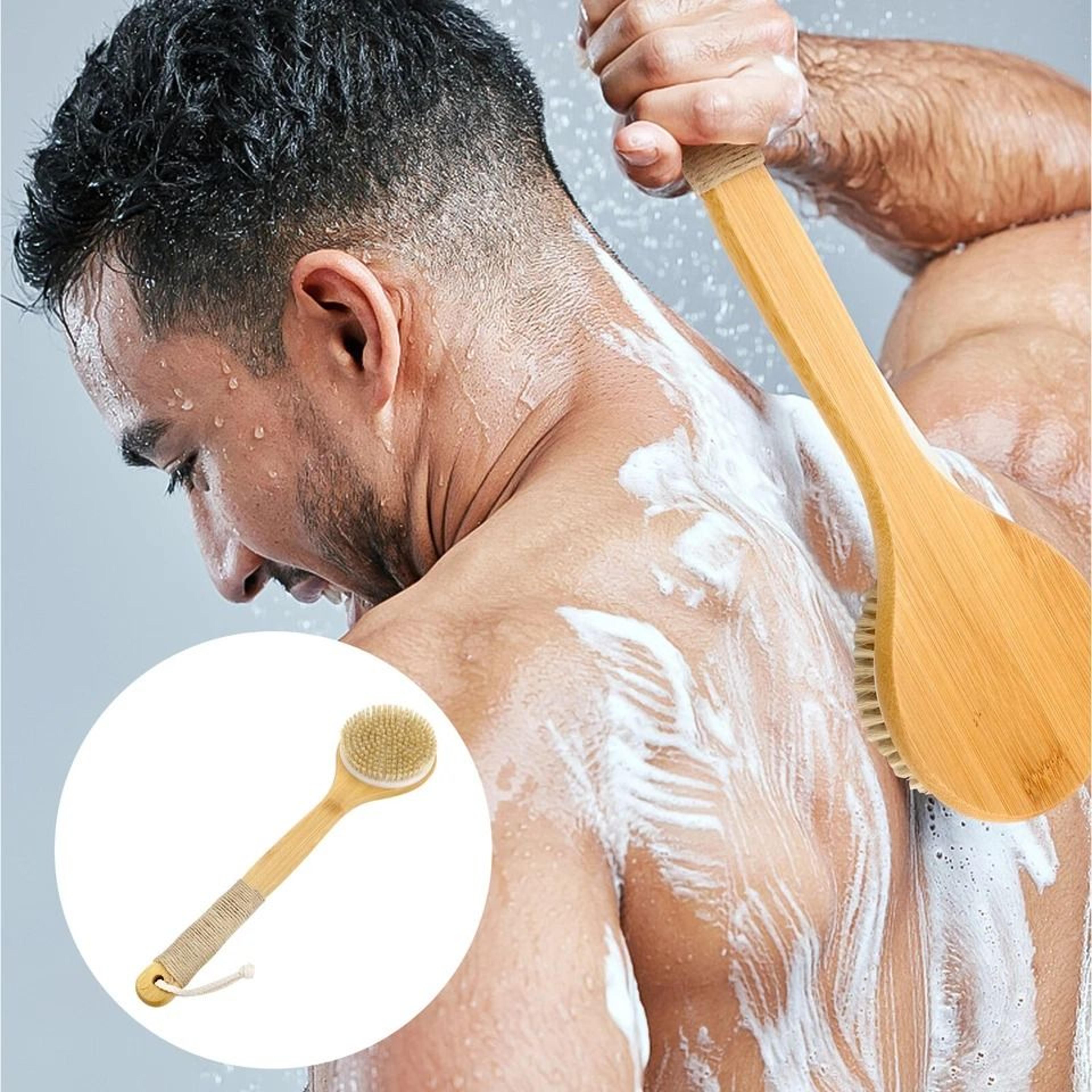 natural boar bristle bath brush with long handle, eco-friendly bamboo back scrubber for skin exfoliation