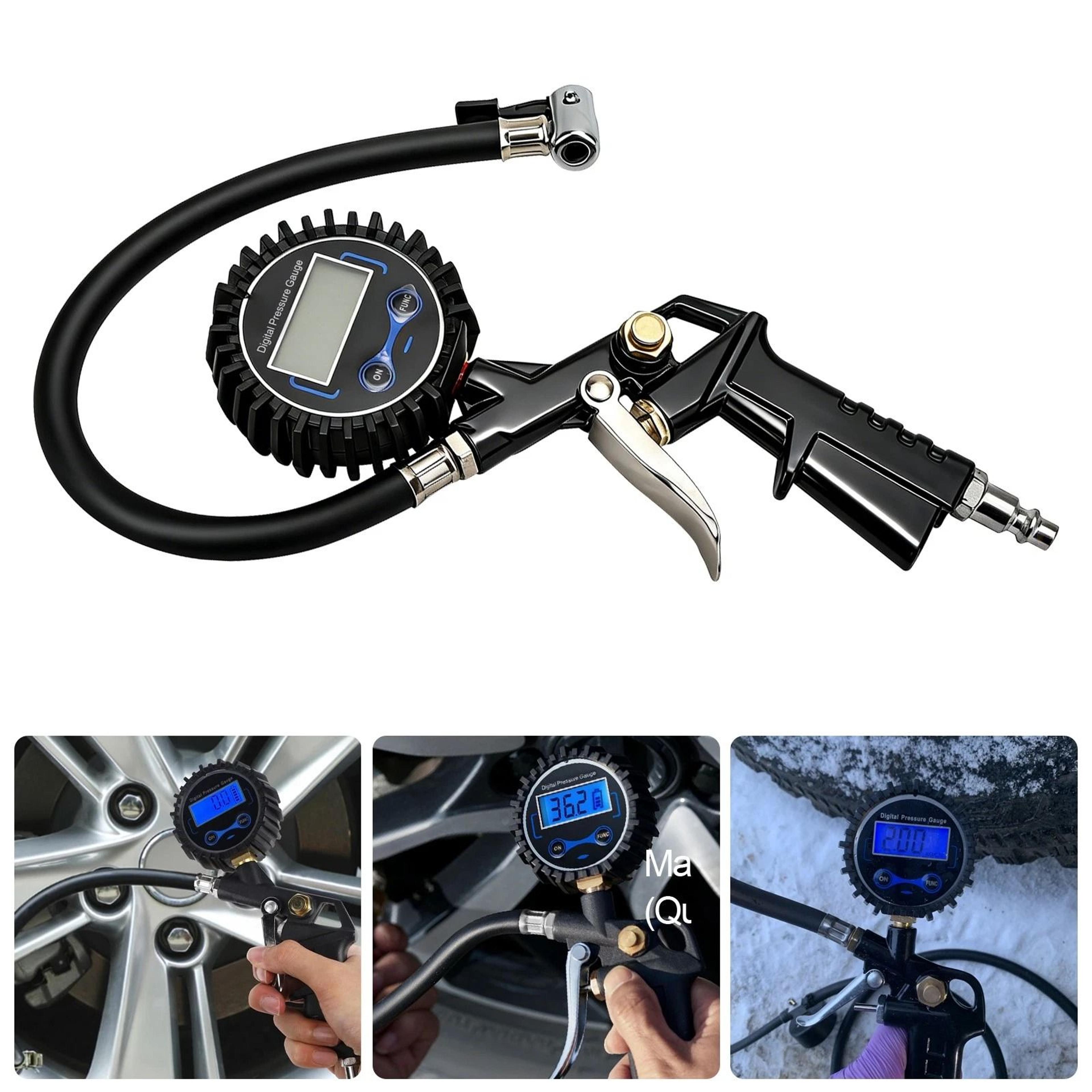 digital tire air inflator, lcd pressure gauge, psi, quick connect, npt car, heavy duty, rubber hose