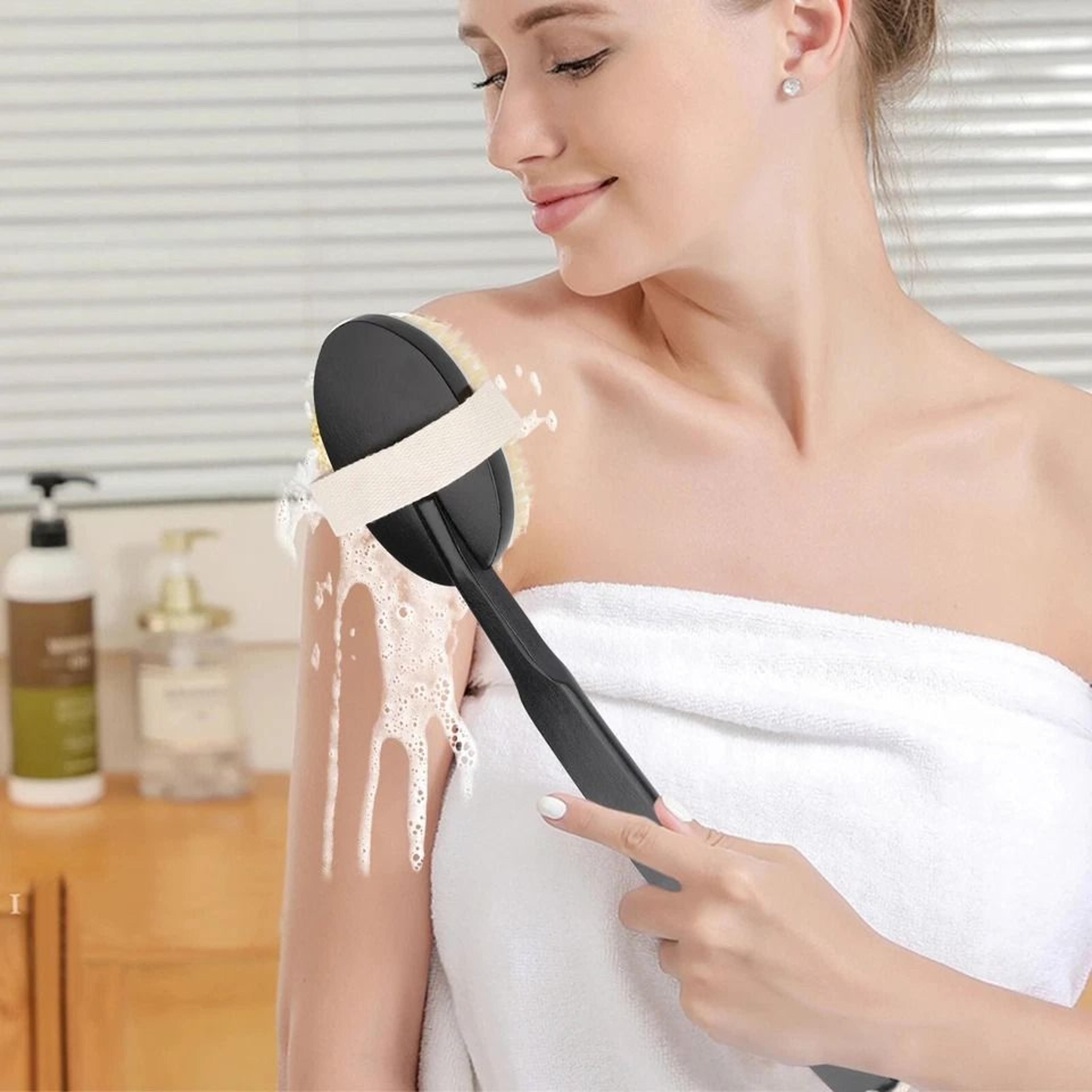 detachable bath body bristle brush with long handle, ergonomic wooden back scrubber for shower and skin care