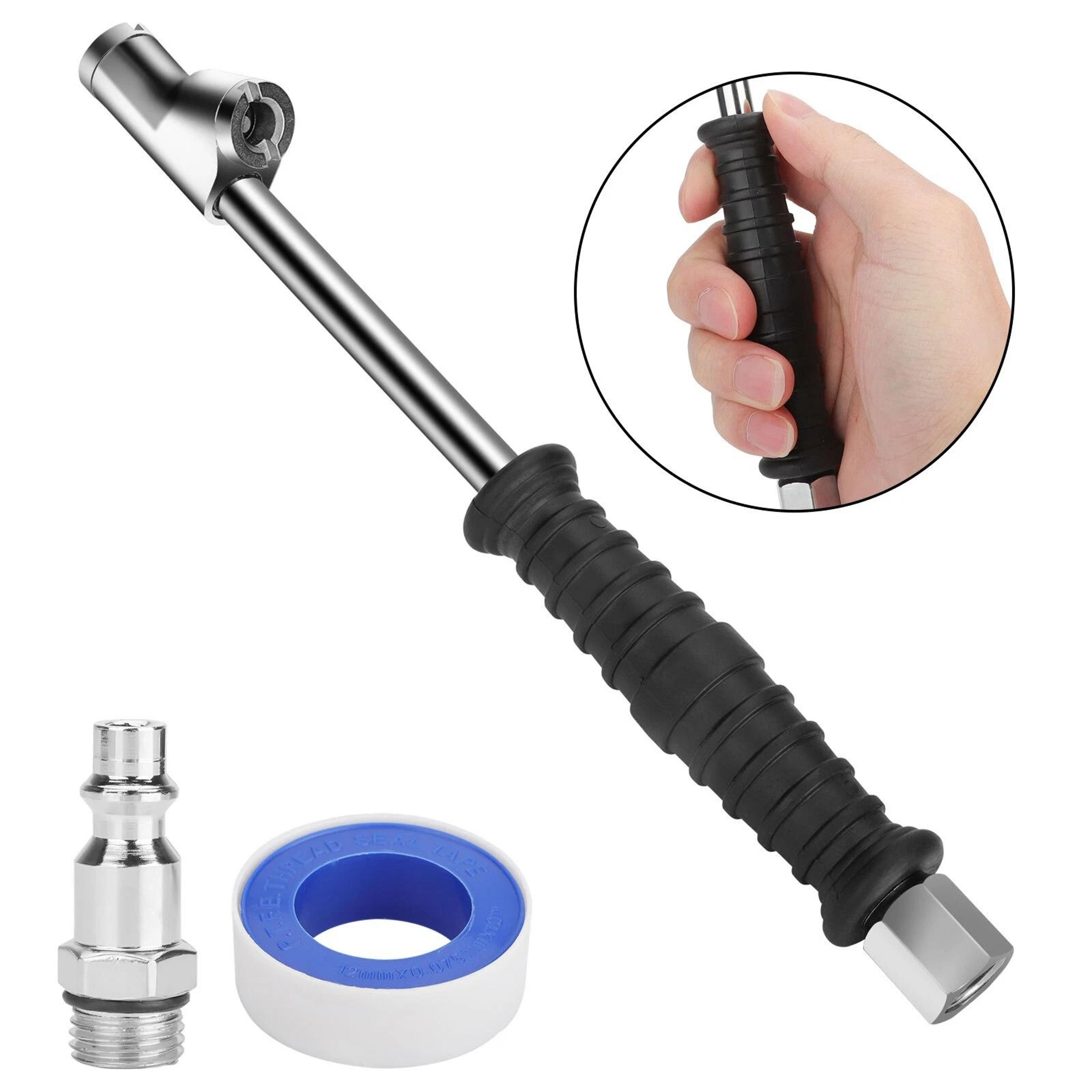 dual head air chuck for truck & rv, fnpt, lock-on foot design, alloy steel, inflate outer/inner tires